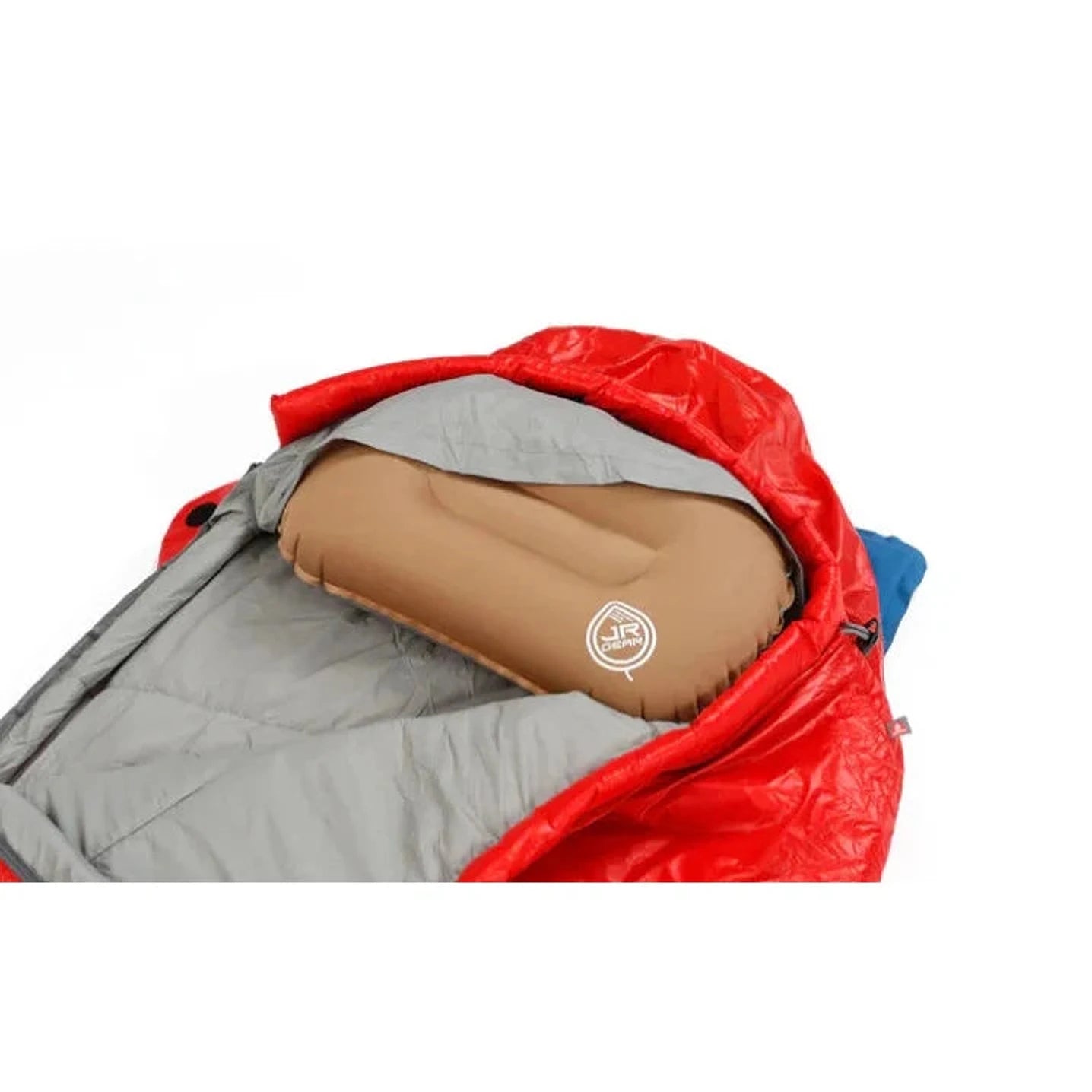 שק שינה JR Gear Primaloft פתוח, מציג בד פנימי אפור רך, מילוי Primaloft לחום מרבי בקמפינג