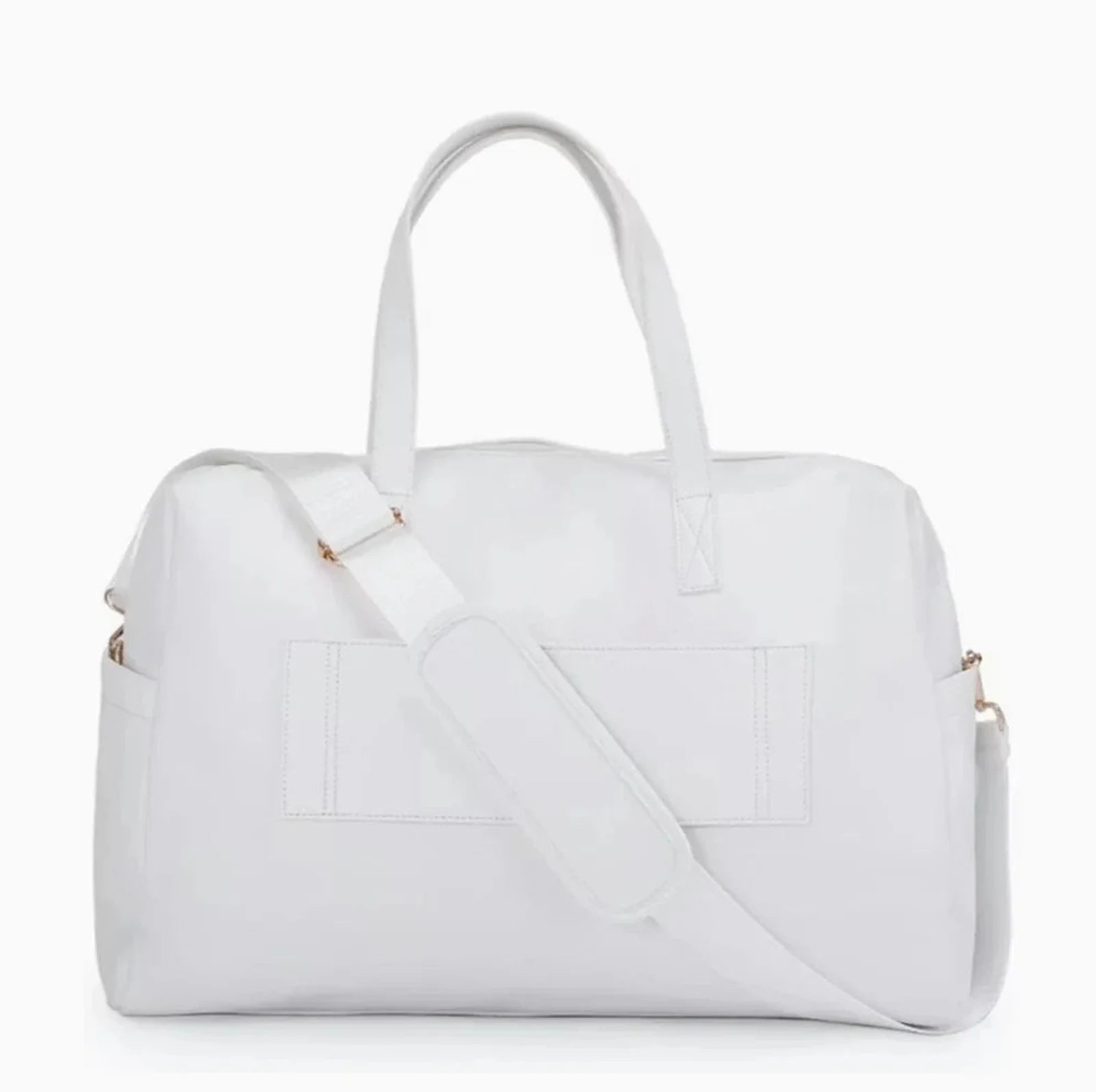 תיק נסיעות Kate Hill Bloom Overnight Tote בצבע לבן, מבט אחורי עם רצועת כתף מתכווננת נשלפת ושרוול