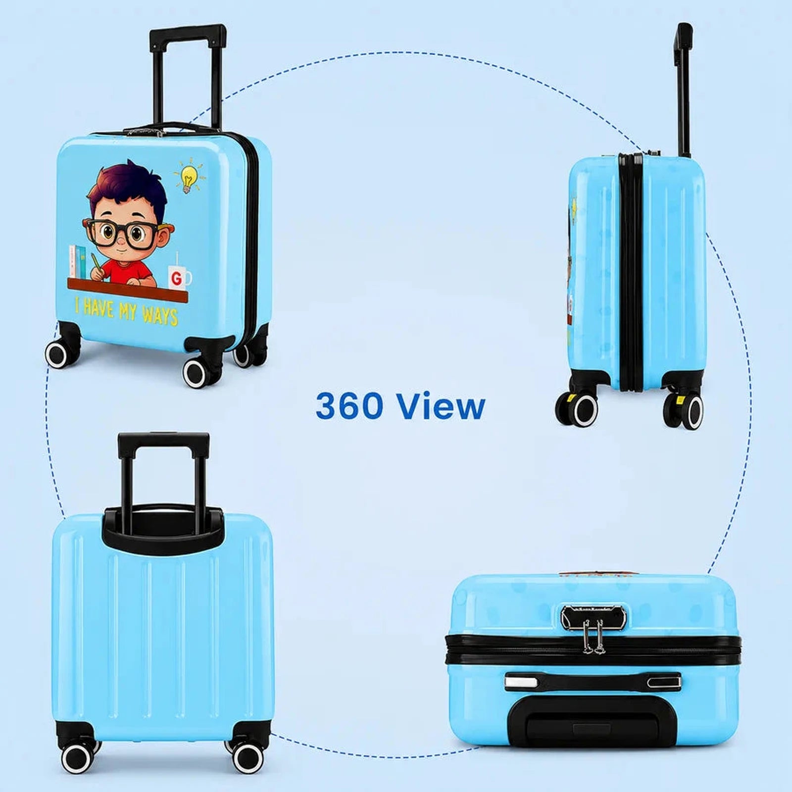 מבט 360 מעלות על מזוודת ילדים קשיחה RollyBear 18 אינץ' דגם SMARTY בצבע תכלת - מלפנים, מהצד, מאחור ומלמעלה