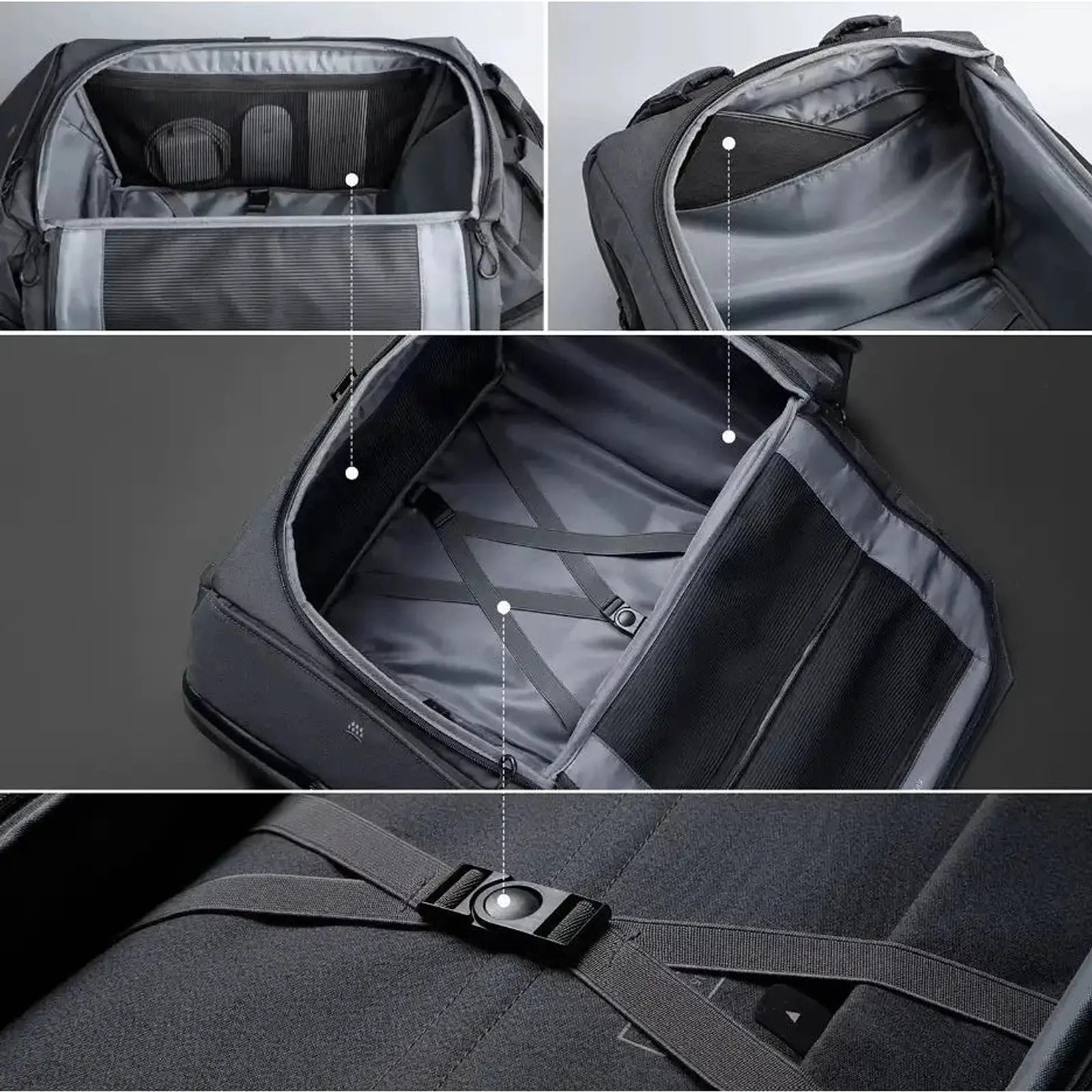 תאי פנים מרופדים וחגורת חיזוק בתיק גב Kingsons TRAVEL 40L עליה למטוס בנפח 40 ליטר אפור