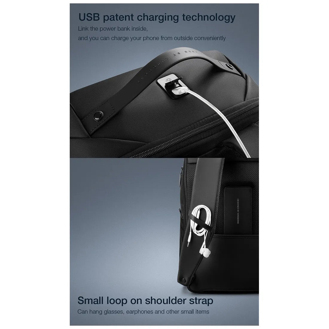 תיק גב Kingsons Urban Stylish KS3237W - יציאת USB חיצונית לטעינה ולולאה על הרצועה