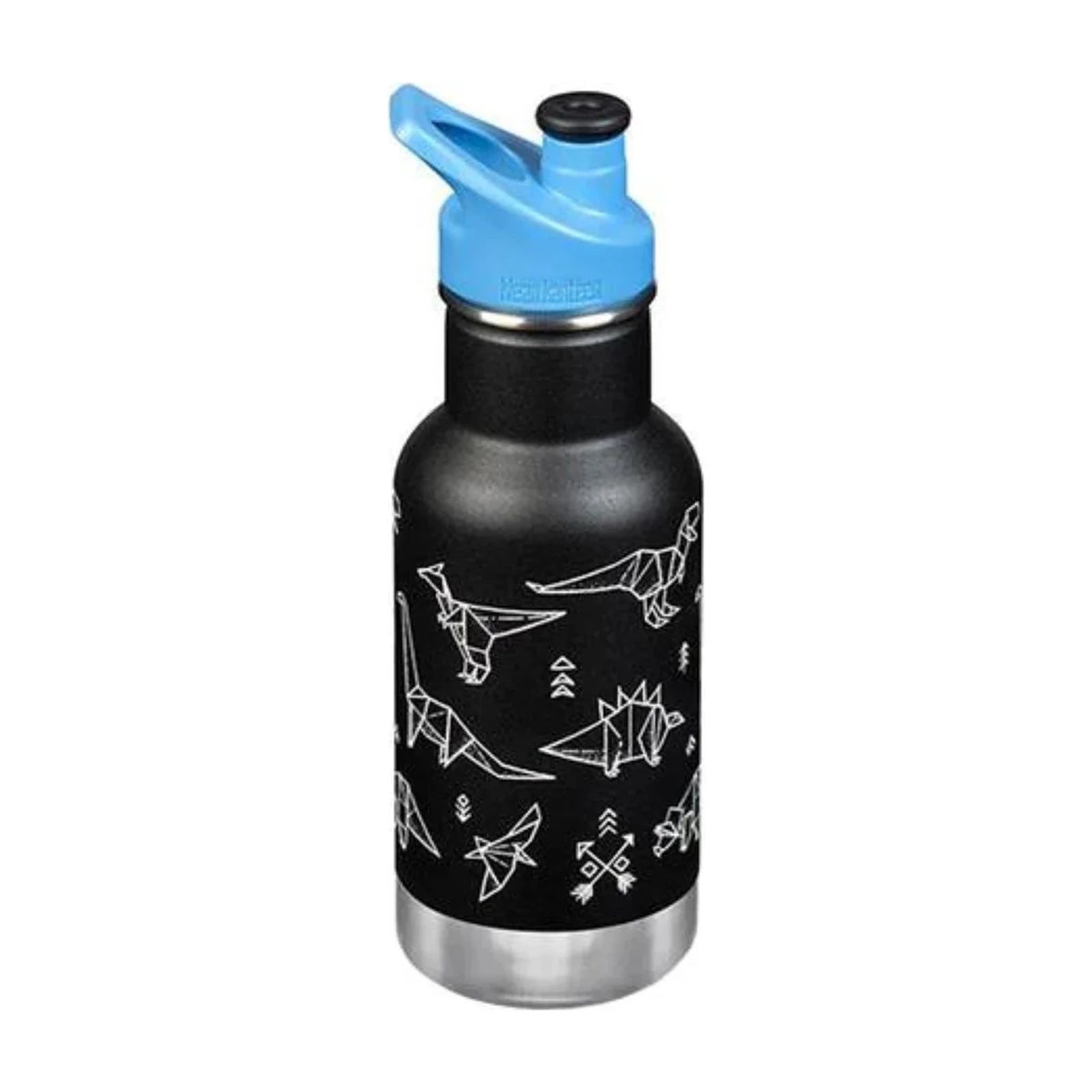 בקבוק שתייה מבודד לילדים Klean Kanteen Kid Classic Insulated 355 מ״ל שחור עם הדפס דינוזאורים ופקק ספורט