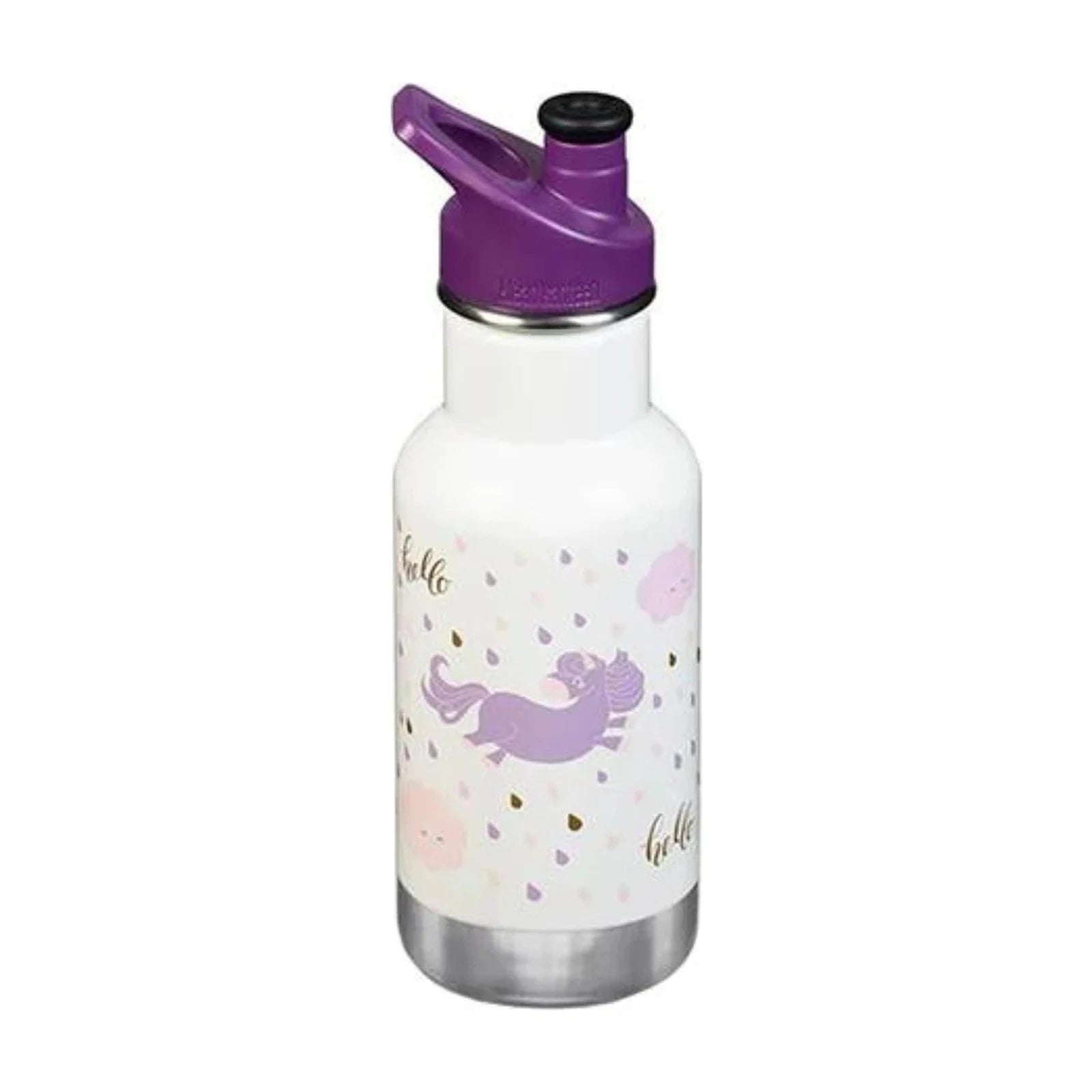 בקבוק שתייה מבודד לילדים Klean Kanteen Kid Classic Insulated 355 מ״ל לבן עם הדפס חד-קרן ופקק ספורט