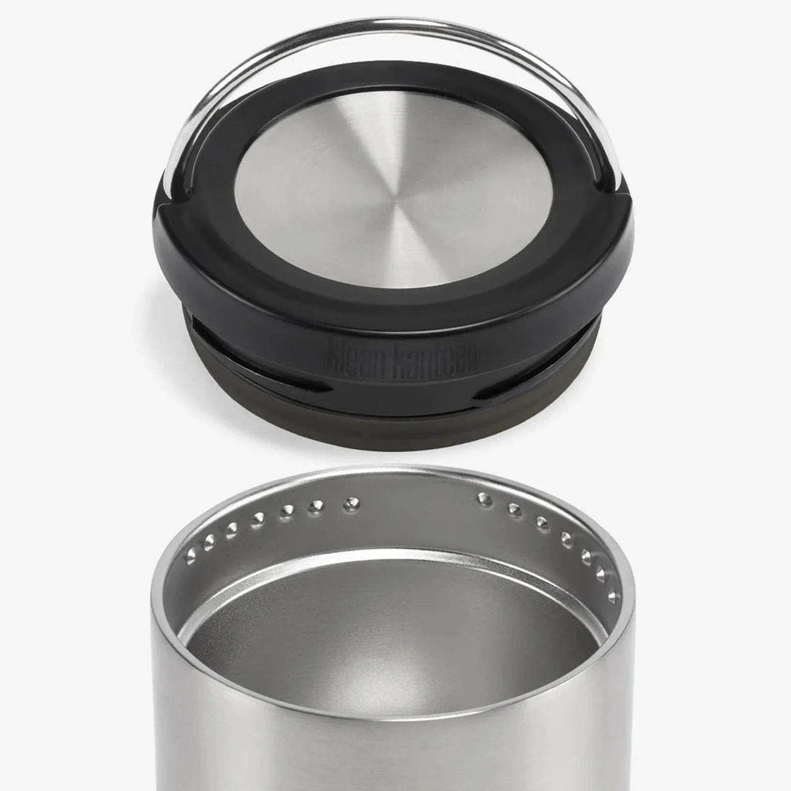 מיכל מזון תרמי Klean Kanteen TKCanister 946 מ"ל פתוח, מבט על פנים הגוף הנירוסטה ומכסה TK Closure