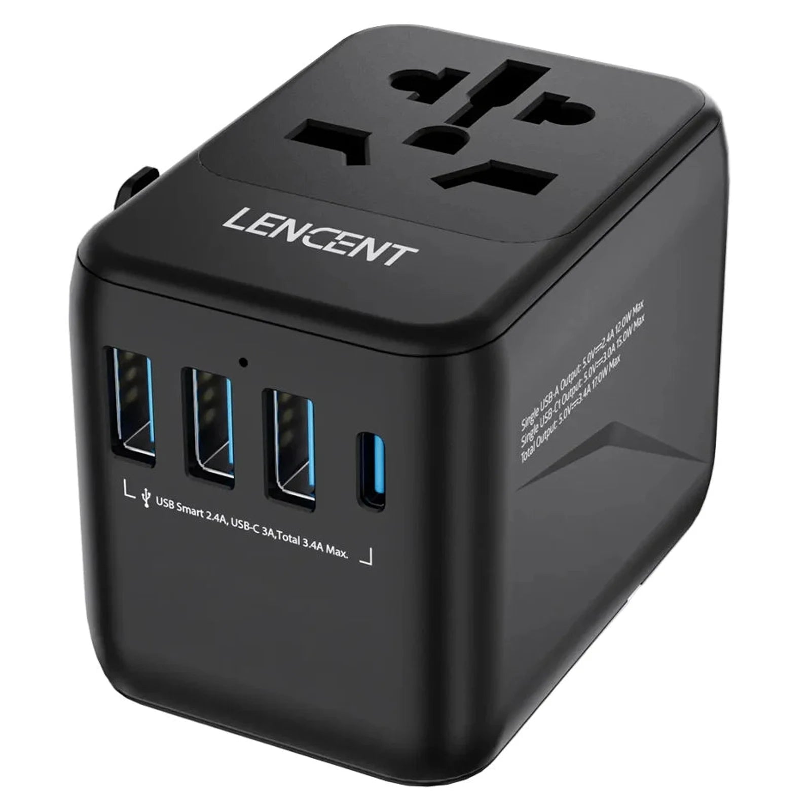 מתאם נסיעות אוניברסלי LENCENT על רקע לבן, שוקל 132 גרם בלבד, תואם לכל מדינות העולם, מבט קדמי