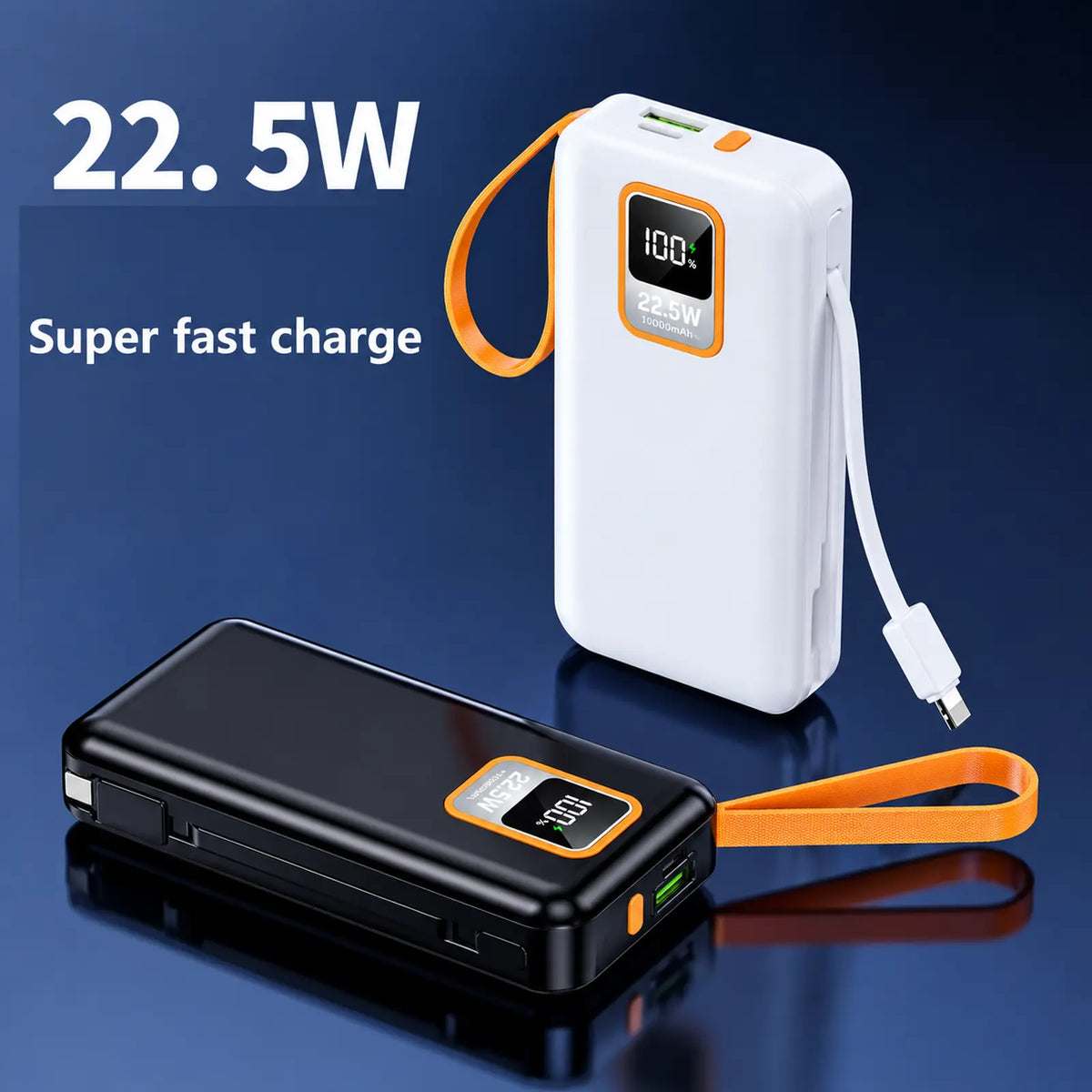 שני מטענים ניידים Charge-It 10,000mAh בלבן ובשחור עם צג דיגיטלי ורצועה כתומה, טעינה מהירה 22.5W לאייפון ולאנדרואיד