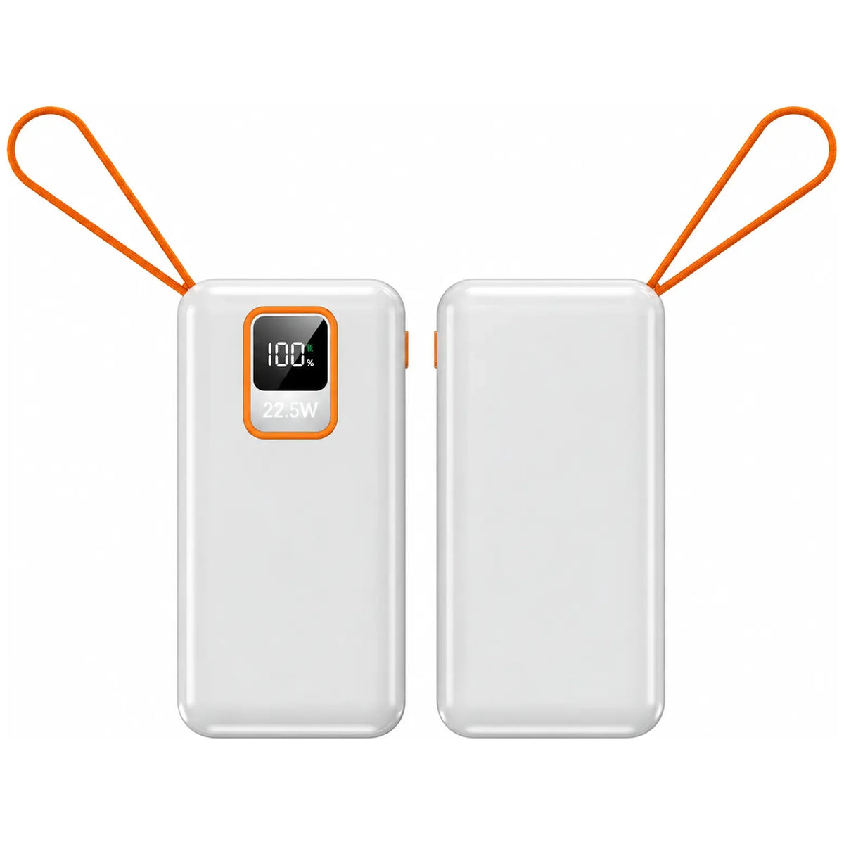 מטען נייד Charge-It 10,000mAh בצבע לבן, מבט חזית וגב עם צג דיגיטלי ולולאת נשיאה כתומה, קומפקטי וקל משקל