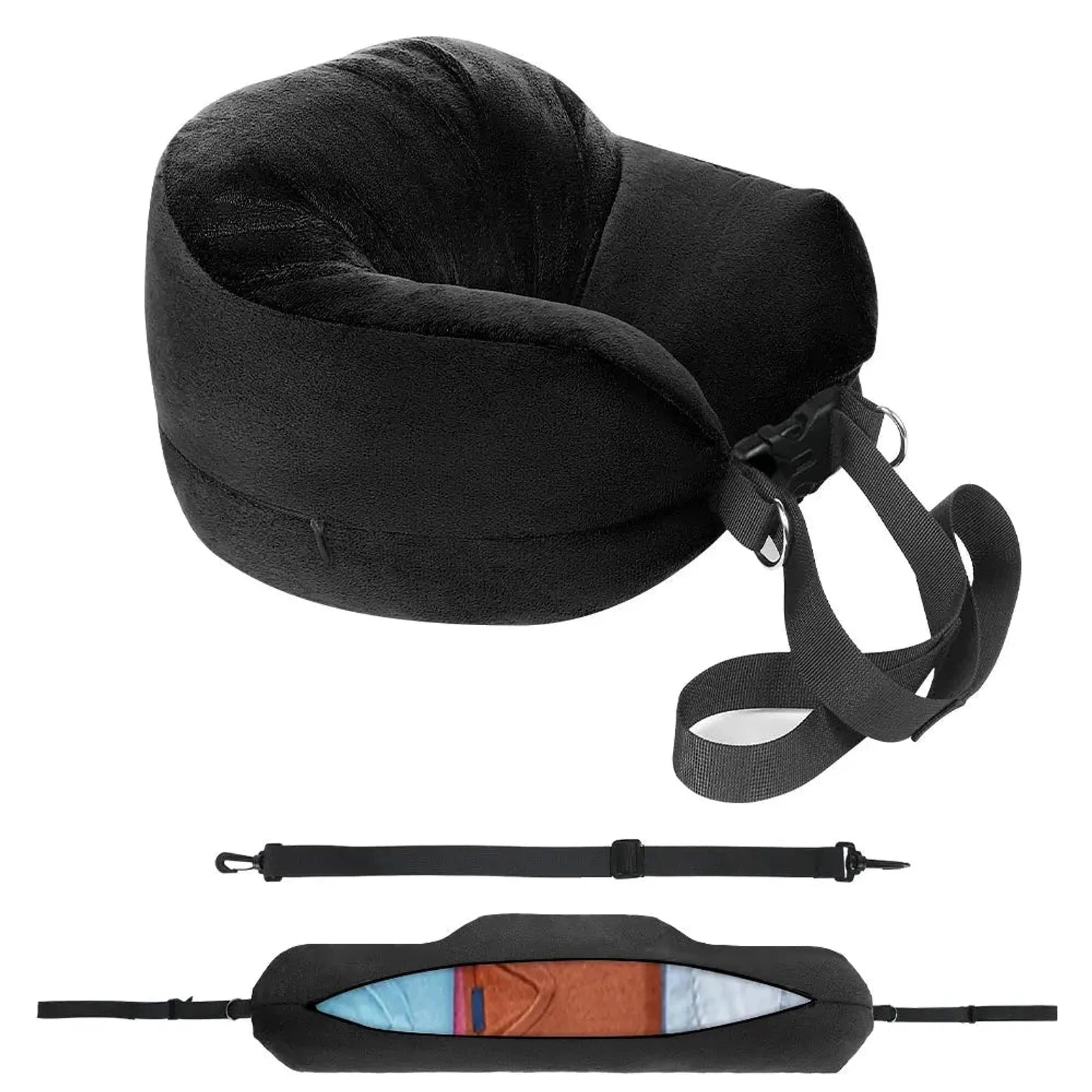 כרית טיסה Magic Pillow שחורה עשויה בד קטיפה כותנה, כולל רצועת כתף מתכווננת ואטב לטרולי