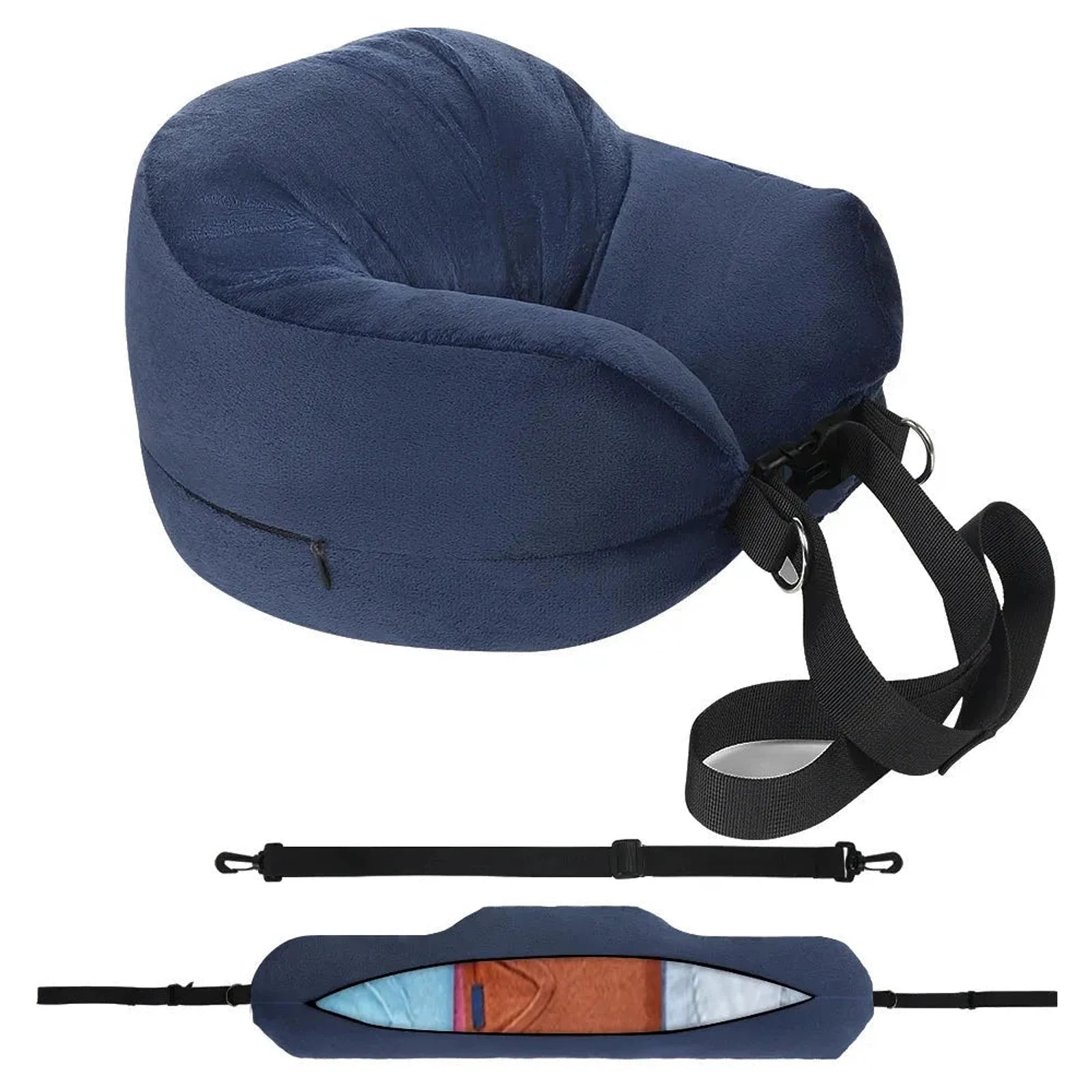 כרית טיסה Magic Pillow כחולה עשויה בד קטיפה עם רצועת כתף מתכווננת, ממולאת בבגדים — חוסכת תשלום כבודה