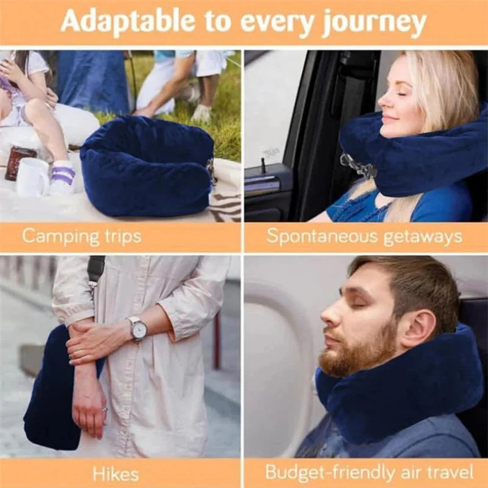 כרית Magic Pillow מתאימה לכל סוגי הנסיעה — טיסות, קמפינג, נסיעות ברכב ועוד, כחולה
