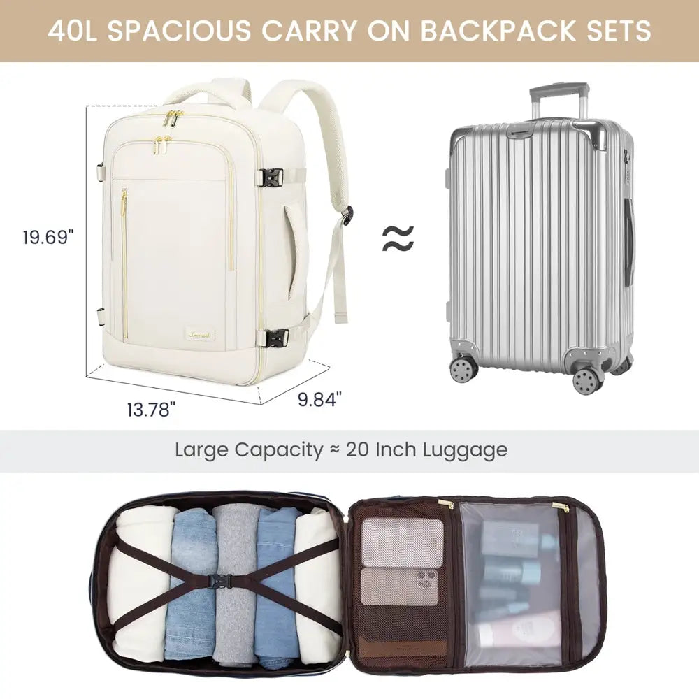 תיק עלייה למטוס נשי LOVEVOOK דגם CABIN AERIA 40 ליטר, מידות 47 על 36 על 18 ס"מ ופתיחה מלאה בסגנון מזוודה