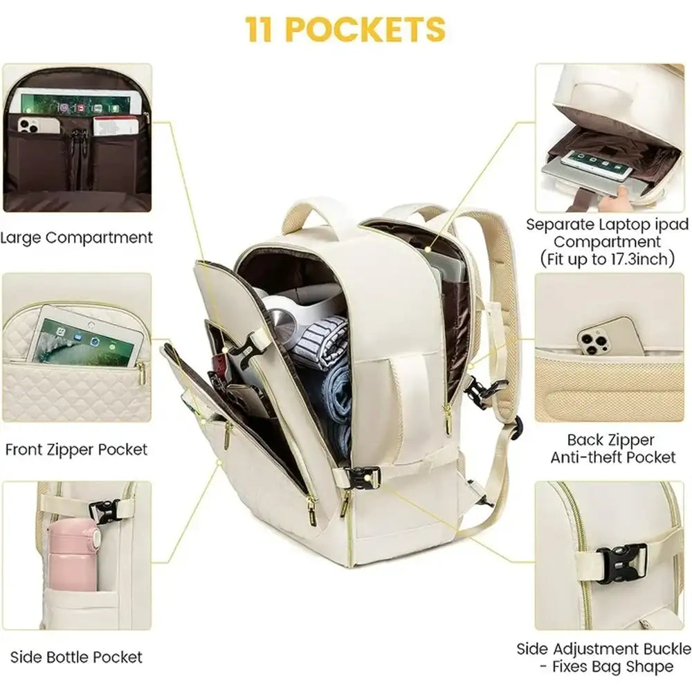 תיק עלייה למטוס נשי LOVEVOOK דגם CABIN AERIA 40 ליטר עם אחד עשר תאים, כולל תא ללפטופ וכיס אחורי נסתר נגד גניבה