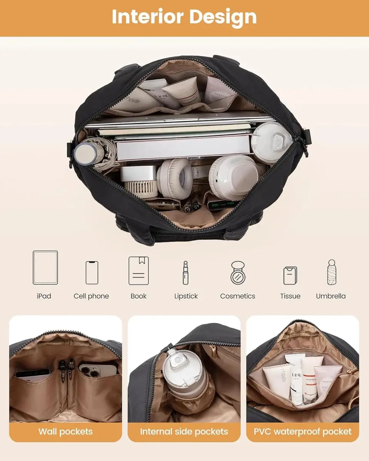תיק נסיעות LOVEVOOK Cloud Comfort 50 ליטר שחור, עיצוב פנימי עם כיסי דופן, כיסי צד פנימיים וכיס PVC אטום למים