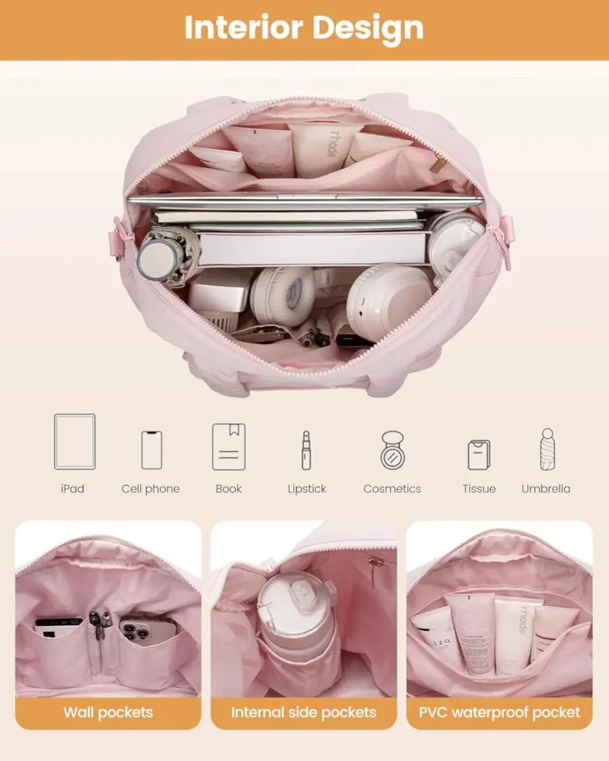 תיק נסיעות LOVEVOOK Cloud Comfort 50 ליטר ורוד, עיצוב פנימי עם כיסי דופן, כיסי צד פנימיים וכיס PVC אטום למים