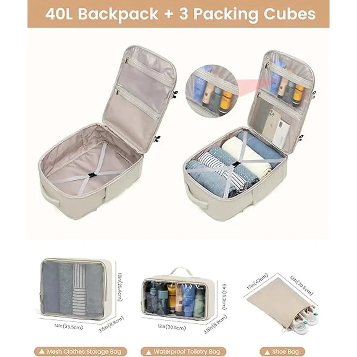 תיק עלייה LOVEVOOK Cloud FLY 40 ליטר בצבע אוף-ווייט כולל שק רשת, תיק רחצה אטום ושק נעליים, תכולת הסט