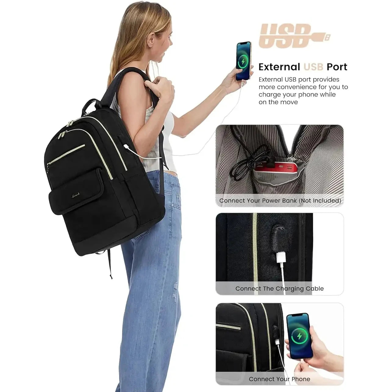 תיק גב נשי ללפטופ LOVEVOOK Fashion Travel עם שקע USB חיצוני לטעינת טלפון בתנועה, הדגמת שימוש