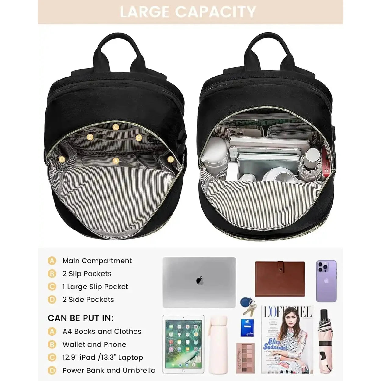 תיק גב נשי ללפטופ LOVEVOOK Fashion Travel בפתיחה רחבה Wide Open עם תאי פנים מרווחים לארגון מחשב ואביזרים