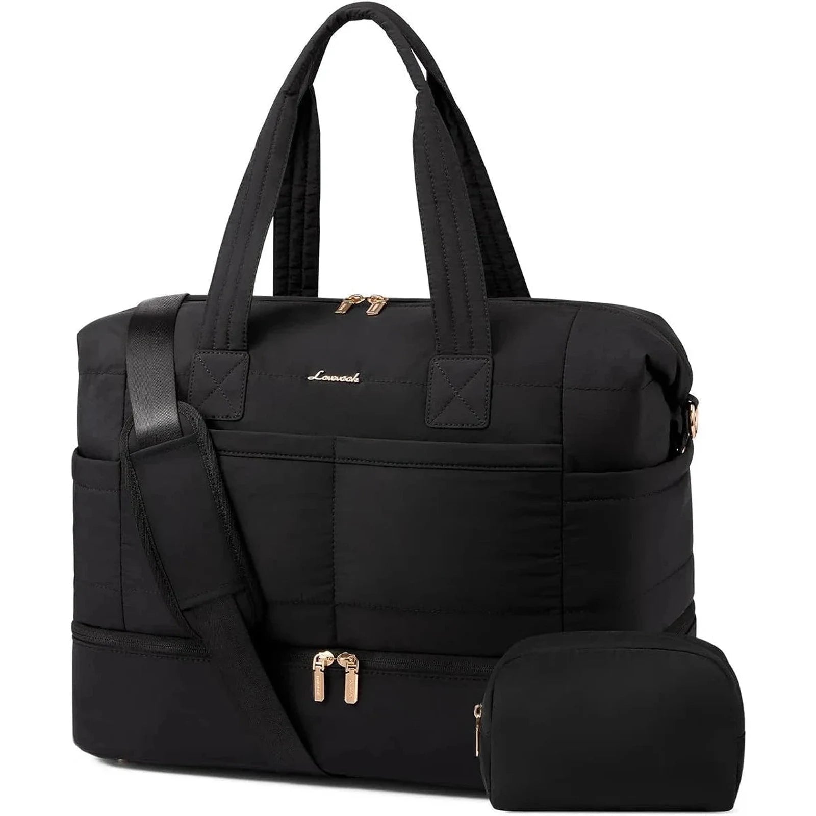 תיק נסיעות LOVEVOOK Travel Flex 40L בצבע שחור עם תא נעליים ורצועת כתף, תיק weekender לנסיעות קצרות, מבט מלפנים