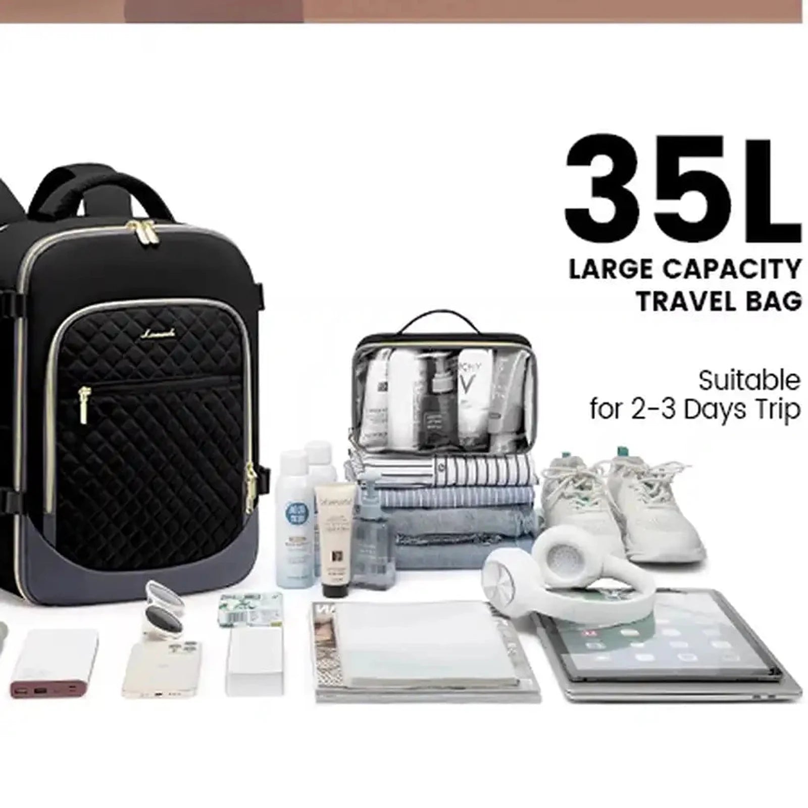 תיק גב נסיעות LOVEVOOK Urban Voyage 35L נשי בצבע שחור, נפח 35 ליטר לנסיעות של שלושה עד חמישה ימים