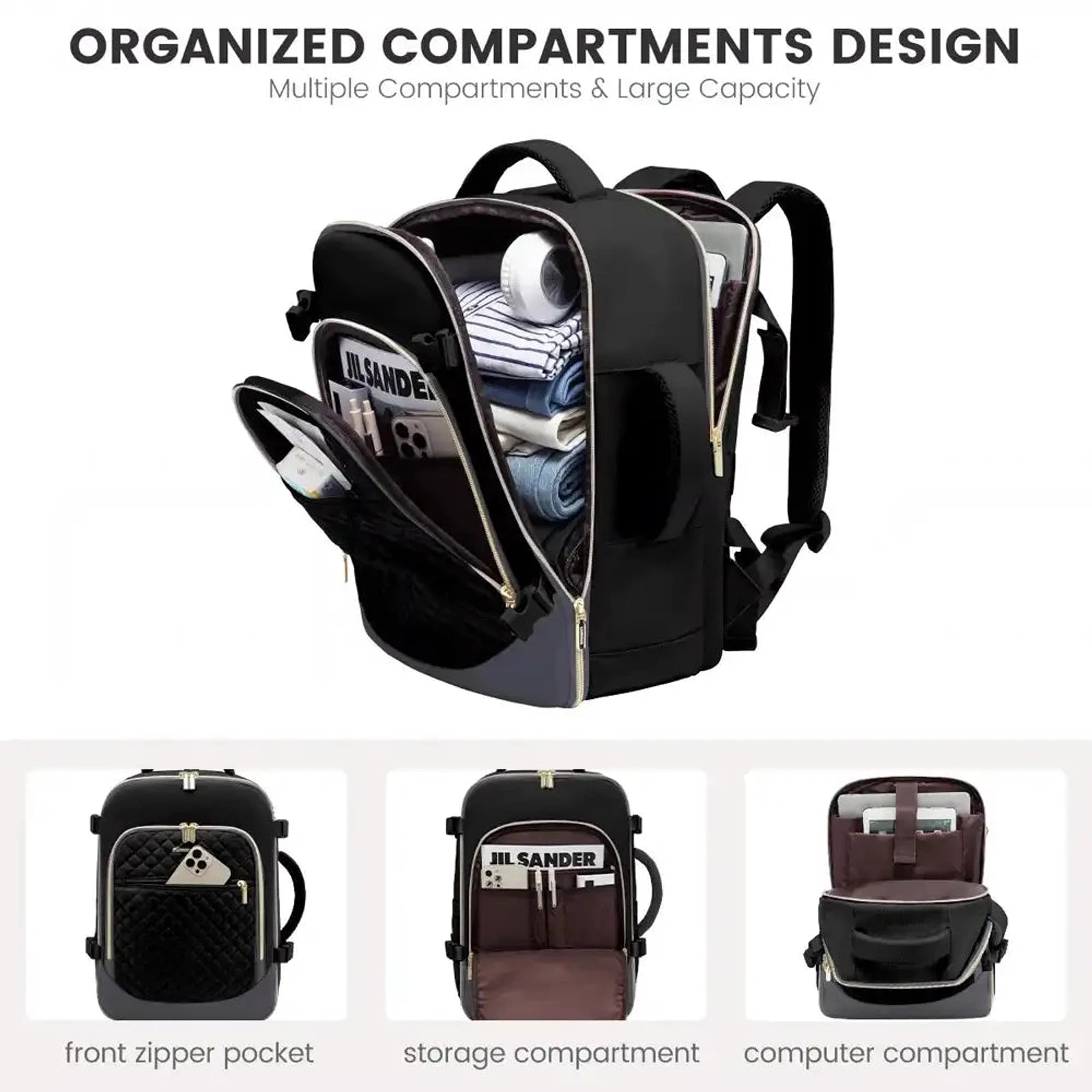 תיק גב LOVEVOOK Urban Voyage 35L נשי בצבע שחור פתוח, מציג תאים מרווחים כולל תא ללפטופ 17.3 אינץ׳