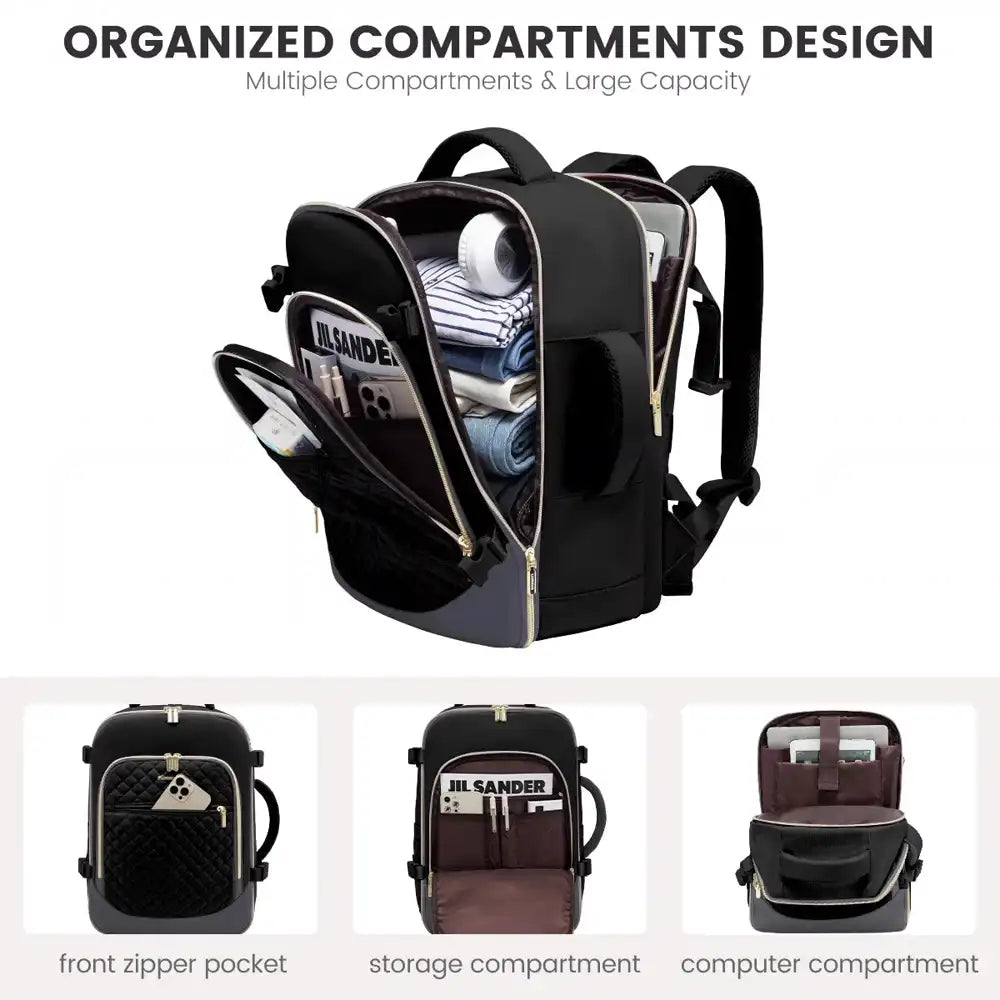 תיק גב LOVEVOOK Urban Voyage 35L נשי בצבע שחור פתוח, מציג תאים מרווחים כולל תא ללפטופ 17.3 אינץ׳