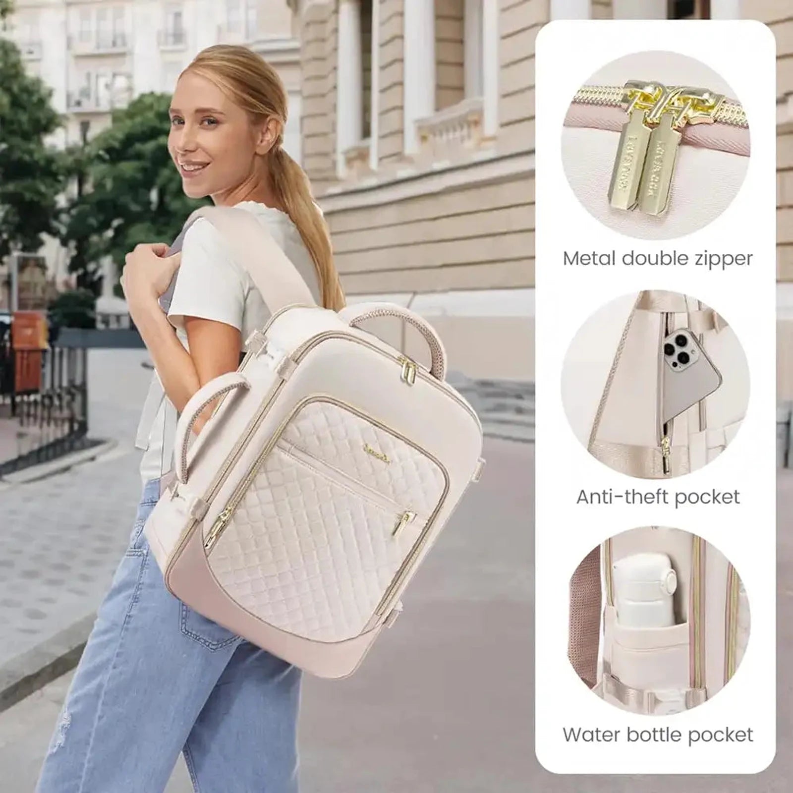 תיק גב נסיעות LOVEVOOK Urban Voyage 35L נשי בצבע אוף-ווייט, מראה אורבני אלגנטי עם רוכסן זהב