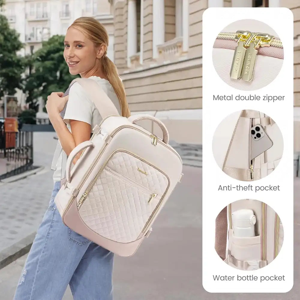 תיק גב נסיעות LOVEVOOK Urban Voyage 35L נשי בצבע אוף-ווייט, מראה אורבני אלגנטי עם רוכסן זהב