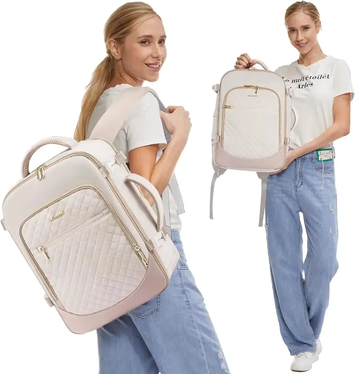 תיק גב נסיעות LOVEVOOK Urban Voyage 35L נשי בצבע אוף-ווייט על גב של אישה, מראה אלגנטי ונשי