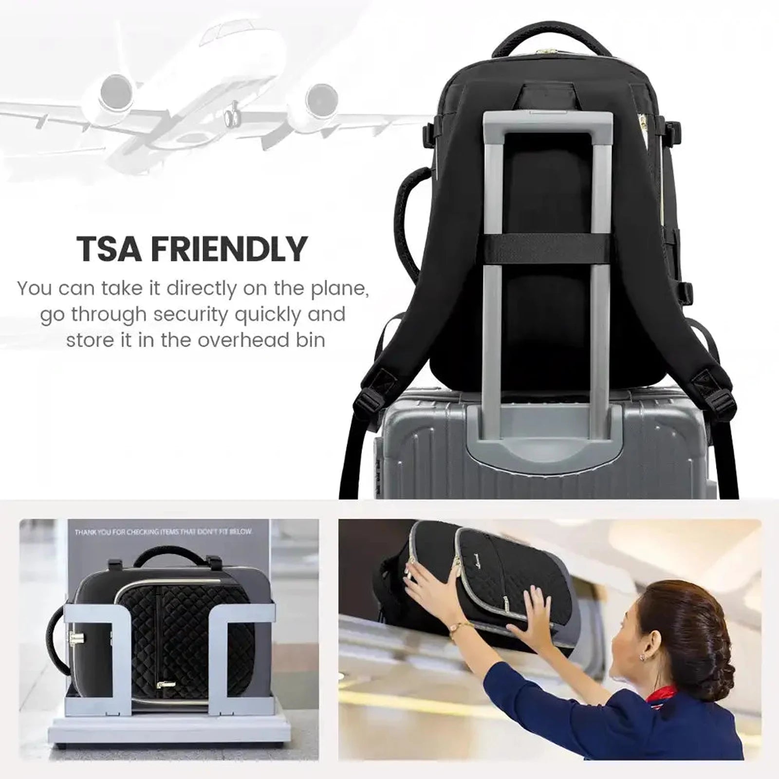תיק גב LOVEVOOK Urban Voyage 35L נשי בצבע שחור מותאם לתא עילי במטוס, עם רצועת חיבור לידית מזוודה