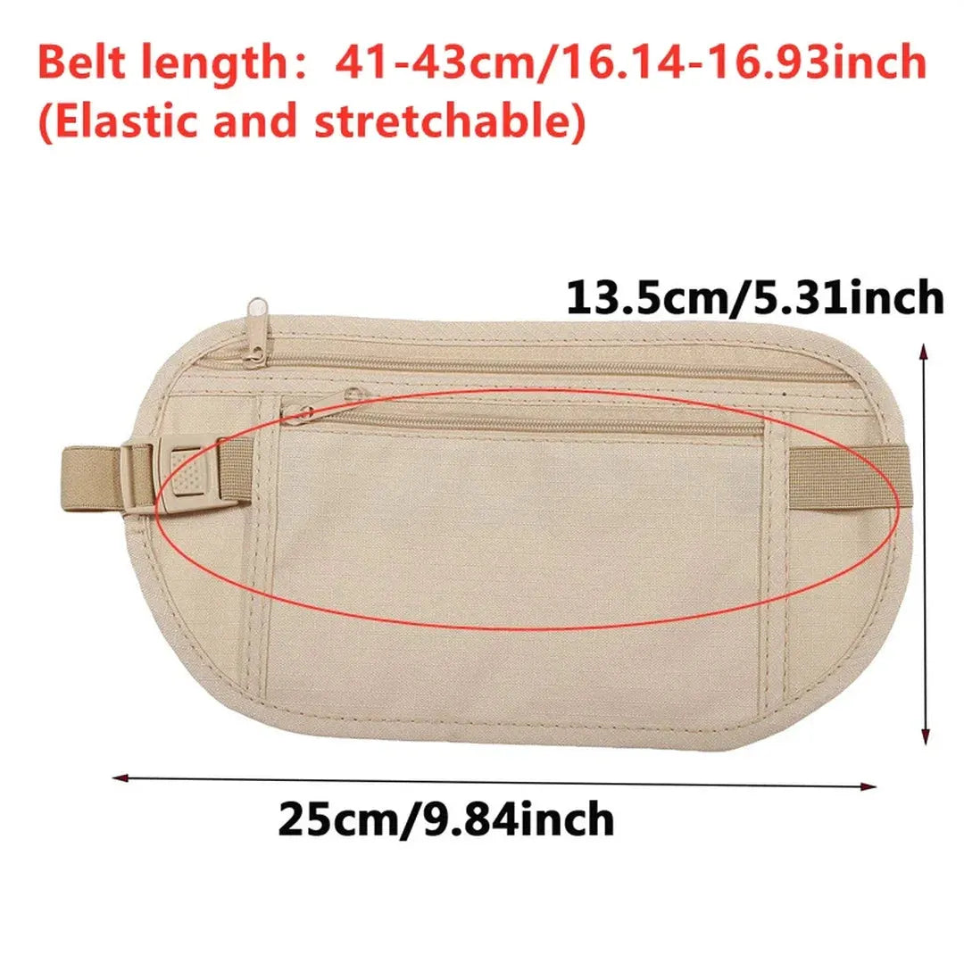 מידות פאוץ' חגורת כסף MONEY SAFE - תא בגודל 25x13.5 ס"מ ורצועה אלסטית נמתחת