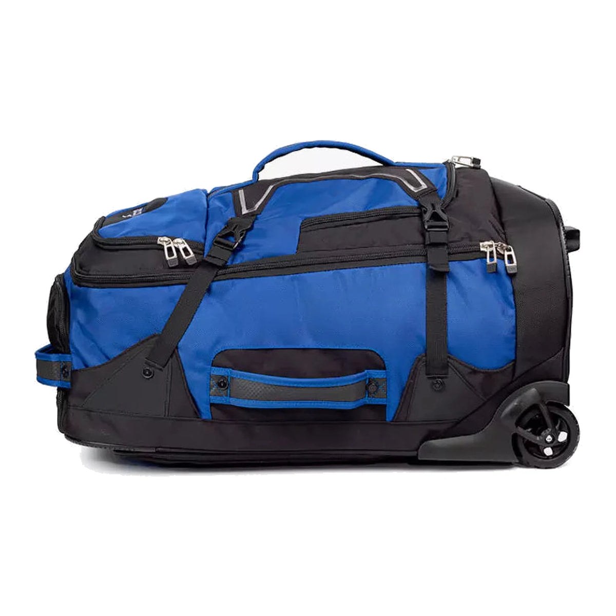 דאפל Outdoor Revolution Base Camp PRO 1200D בצבע כחול מונח לרוחב, מבט צד על הגלגלים וידית הנשיאה