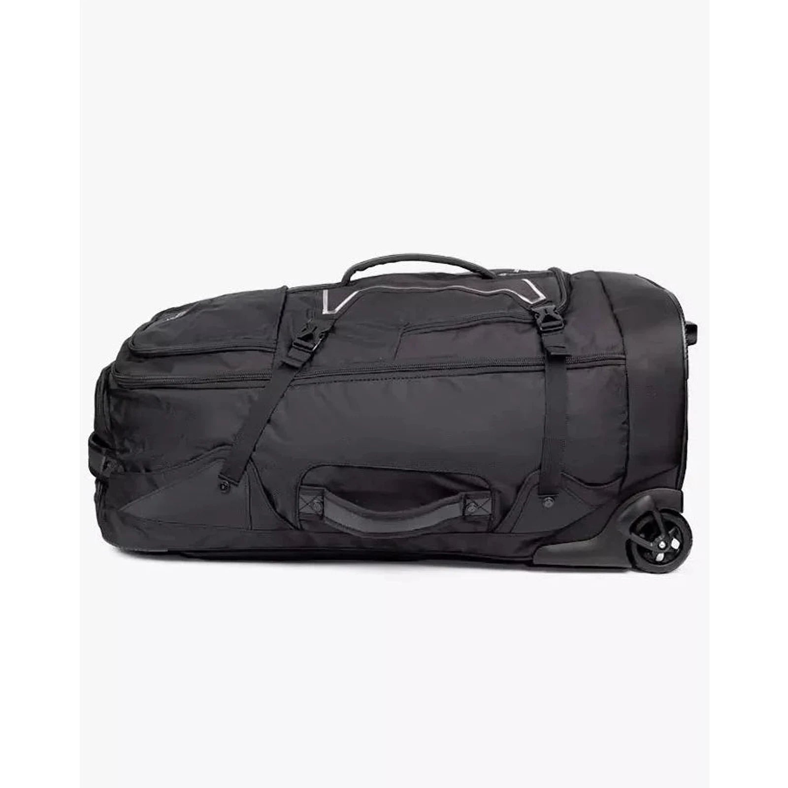 תיק דאפל Outdoor Revolution Base Camp PRO 1200D במבט צד אופקי עם גלגלי PU שקטים ורגלית קשיחה תחתונה