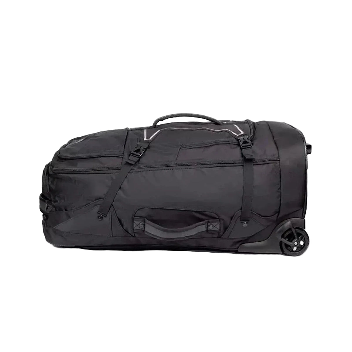 תיק דאפל Outdoor Revolution Base Camp PRO 1200D במבט צד אופקי עם גלגלי PU שקטים ורגלית קשיחה תחתונה