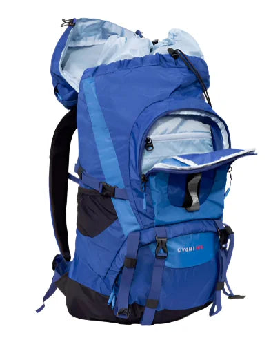 תרמיל טיולים Outdoor Revolution Cygni 45L בצבע כחול עם תא ראשי גדול בהרחבה, מבט על התאים הפנימיים הפתוחים