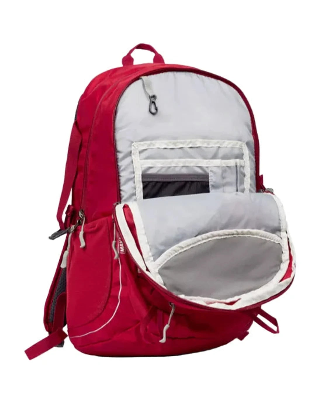 תרמיל יום Outdoor Revolution Makalu 28 ליטר בצבע אדום, תא ראשי פתוח עם כיס מדיה מרופד ורוכסן פנימי