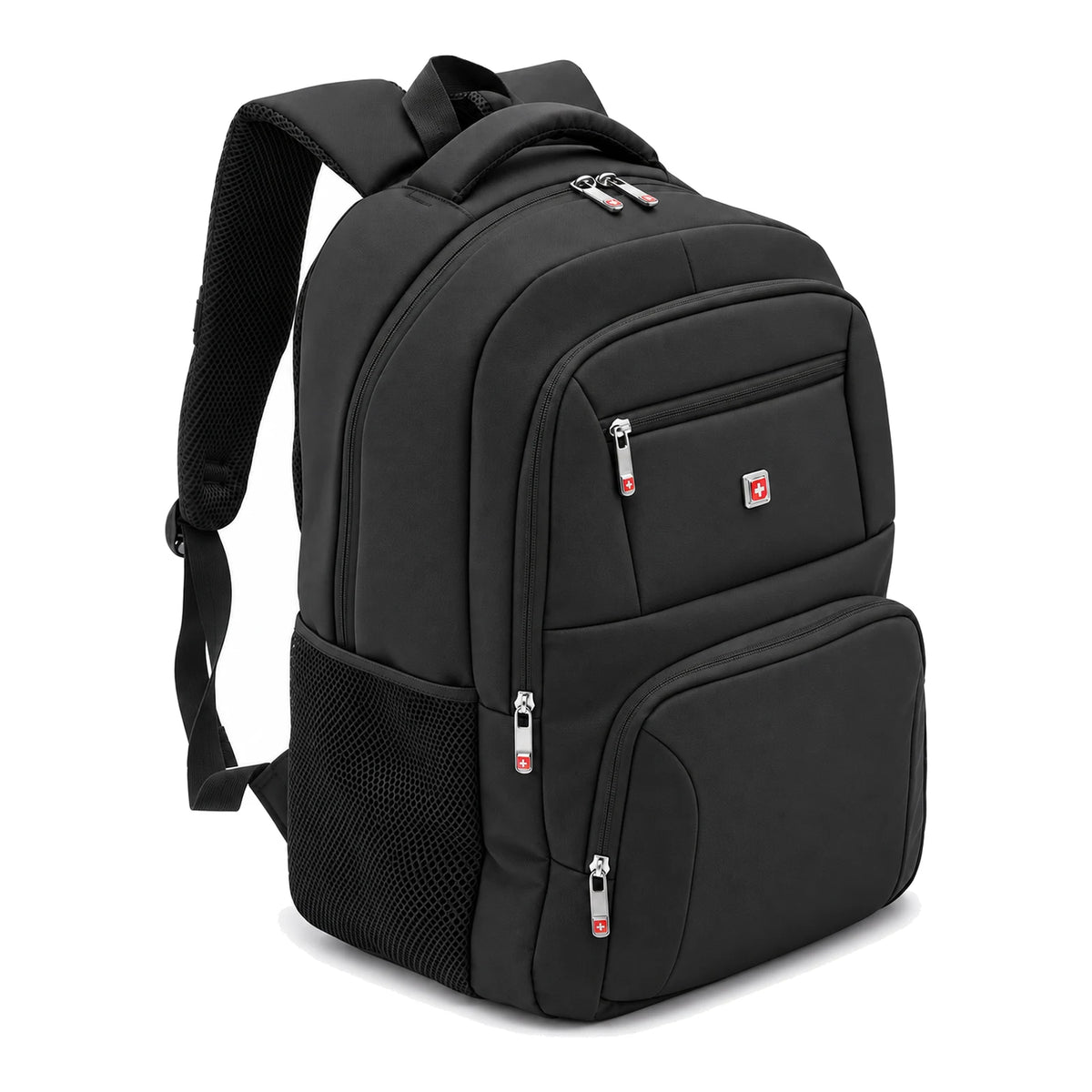 תיק גב אורטופדי למחשב POLO SWISS PILOT בצבע שחור עם מבנה חזית EVA וכיסי התארגנות, מבט קדמי בזווית