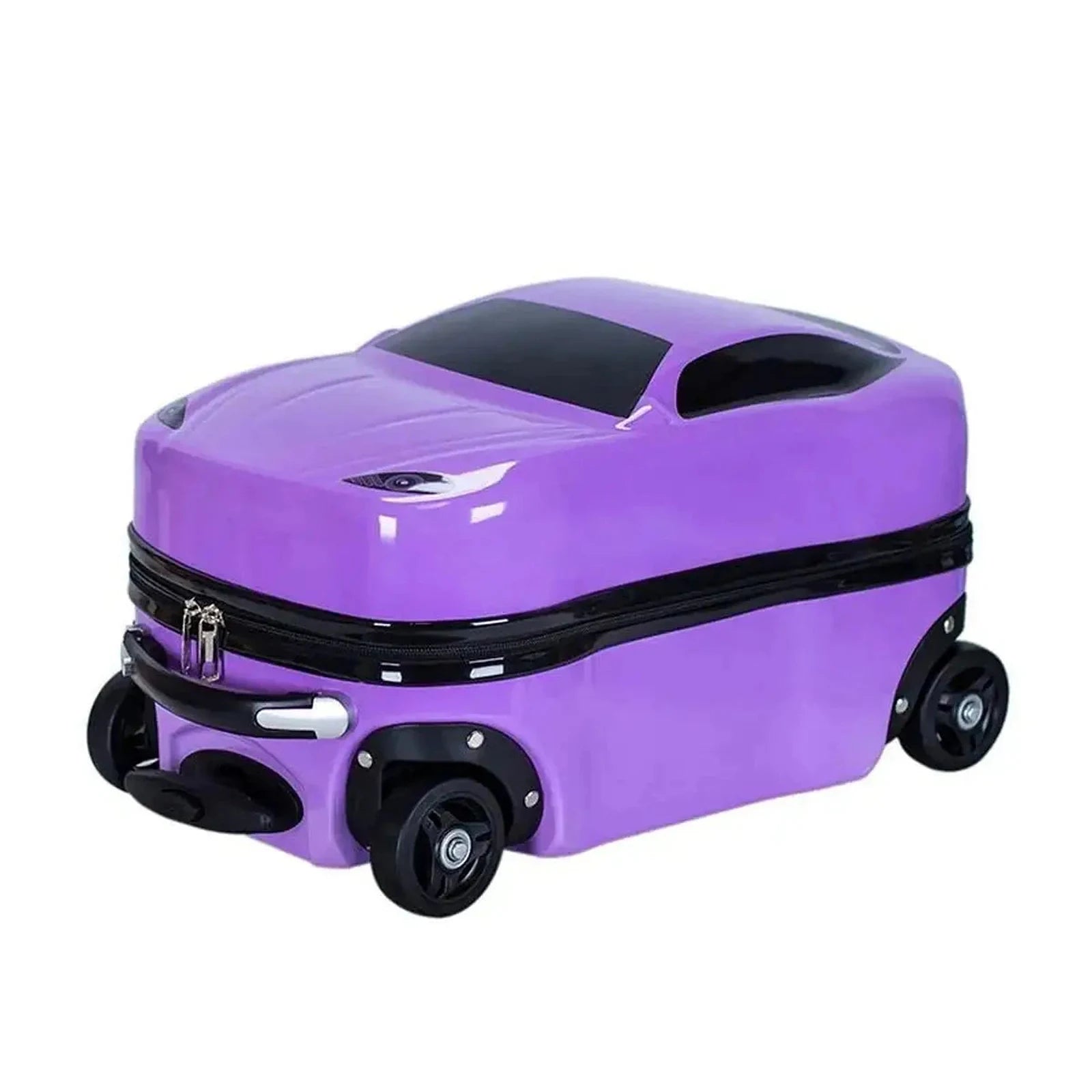 מזוודת ילדים קשיחה RollyBear 18 אינץ׳ בצבע סגול בעיצוב מכונית ספורט, מבט איזומטרי עם גלגלים