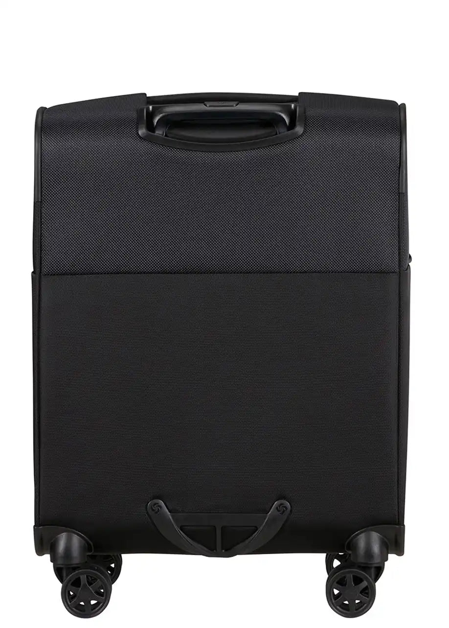 מבט מאחור על מזוודת טרולי Samsonite Base Breeze 20 אינץ עם ידית עליונה מרופדת לנשיאה וגלגלי ספינר כפולים