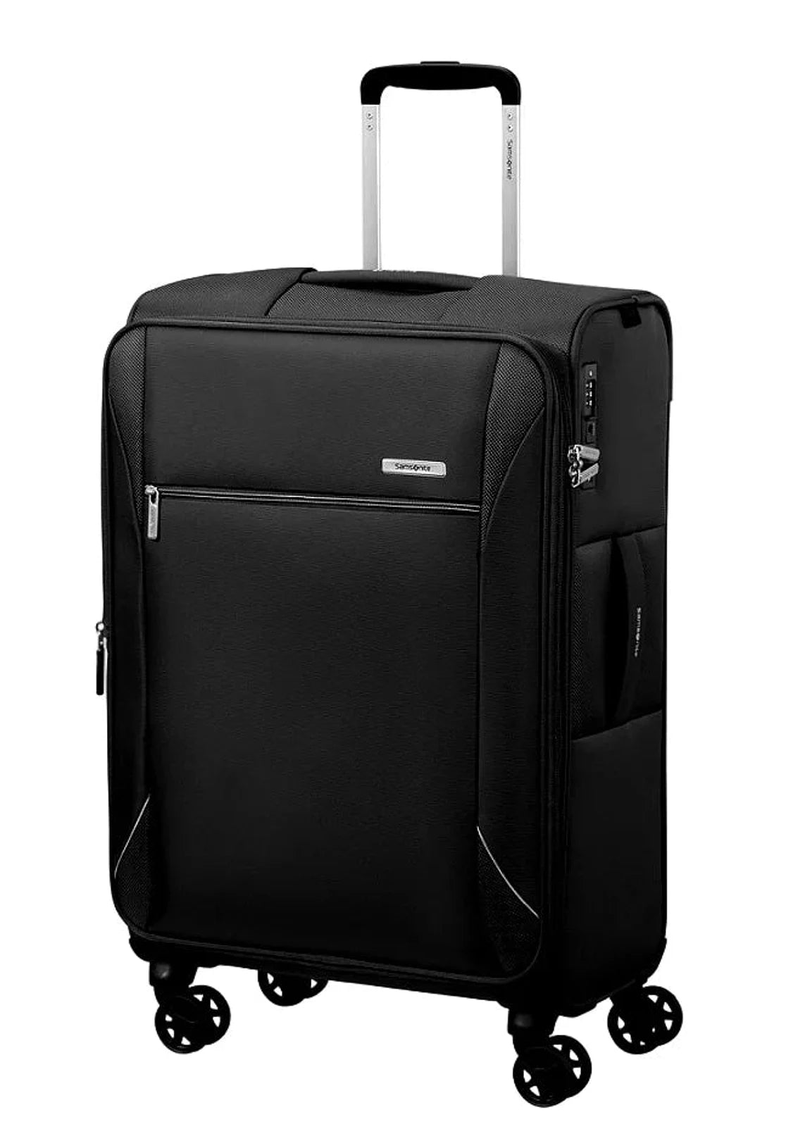 מזוודת טרולי עליה למטוס 20 אינץ Samsonite Base Breeze בצבע שחור, בד בליסטיק ניילון עם גלגלי ספינר, מבט מזווית