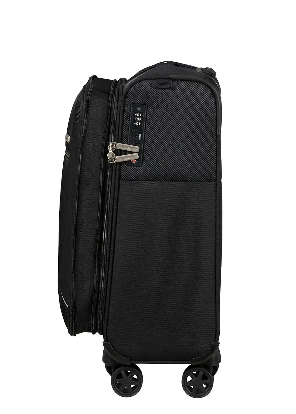 מזוודת טרולי Samsonite Base Breeze 20 אינץ עם רוכסן הרחבה להגדלת נפח, מבט צד המציג מנעול TSA וגלגלי ספינר