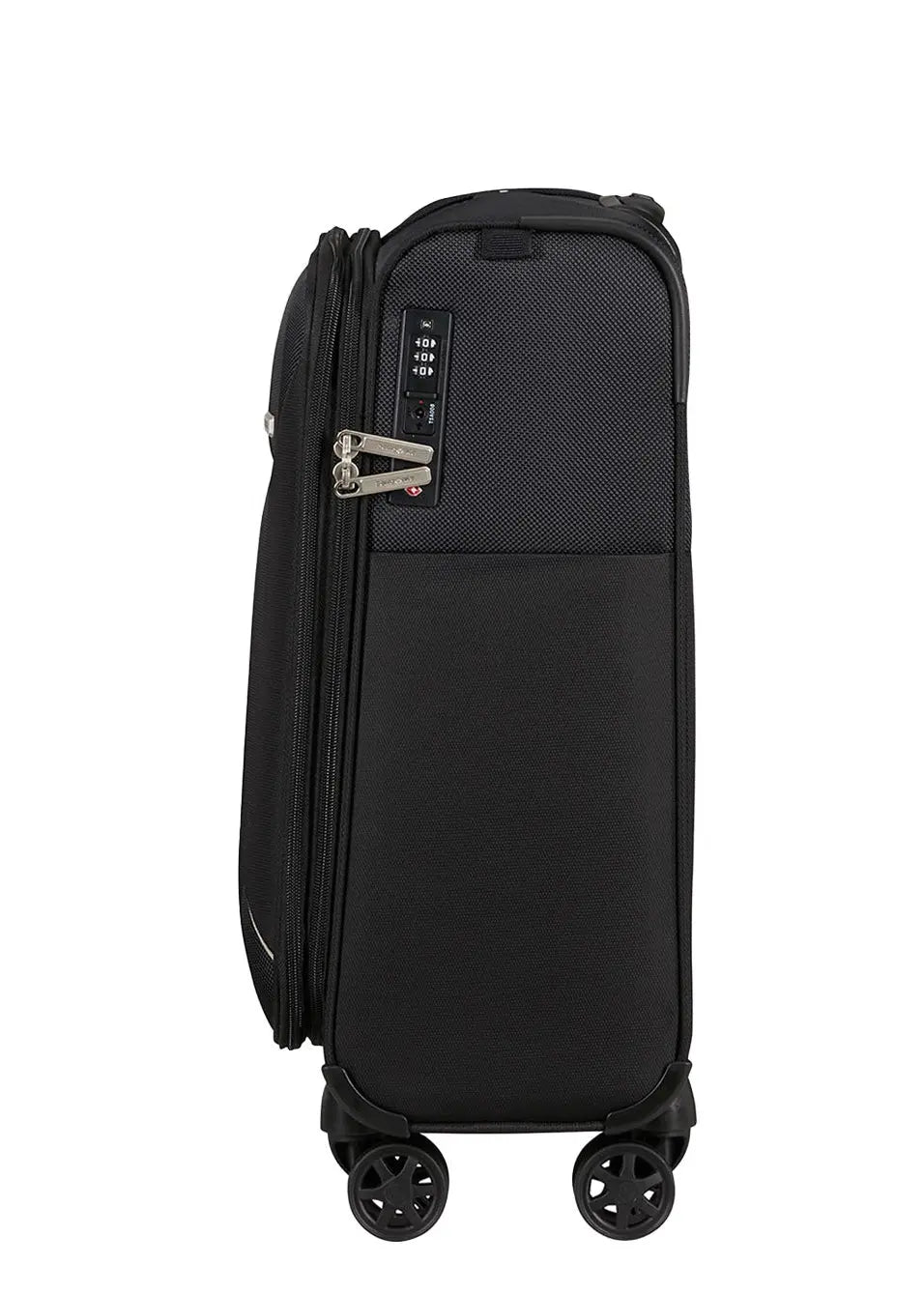 מבט צד על מזוודת עליה למטוס Samsonite Base Breeze עם מנעול קומבינציה TSA מובנה וארבעה גלגלי ספינר כפולים מסיליקון
