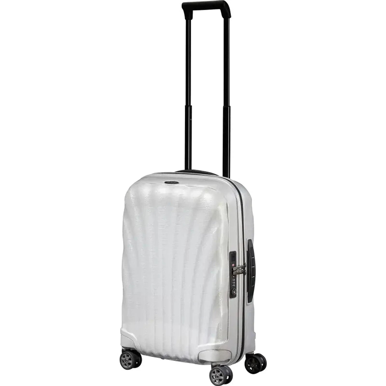 מזוודת Samsonite C-lite בצבע אוף-ווייט עם ידית טלסקופית מושלפת, מזוודת עליה למטוס מחומר CURV 1.9 ק״ג