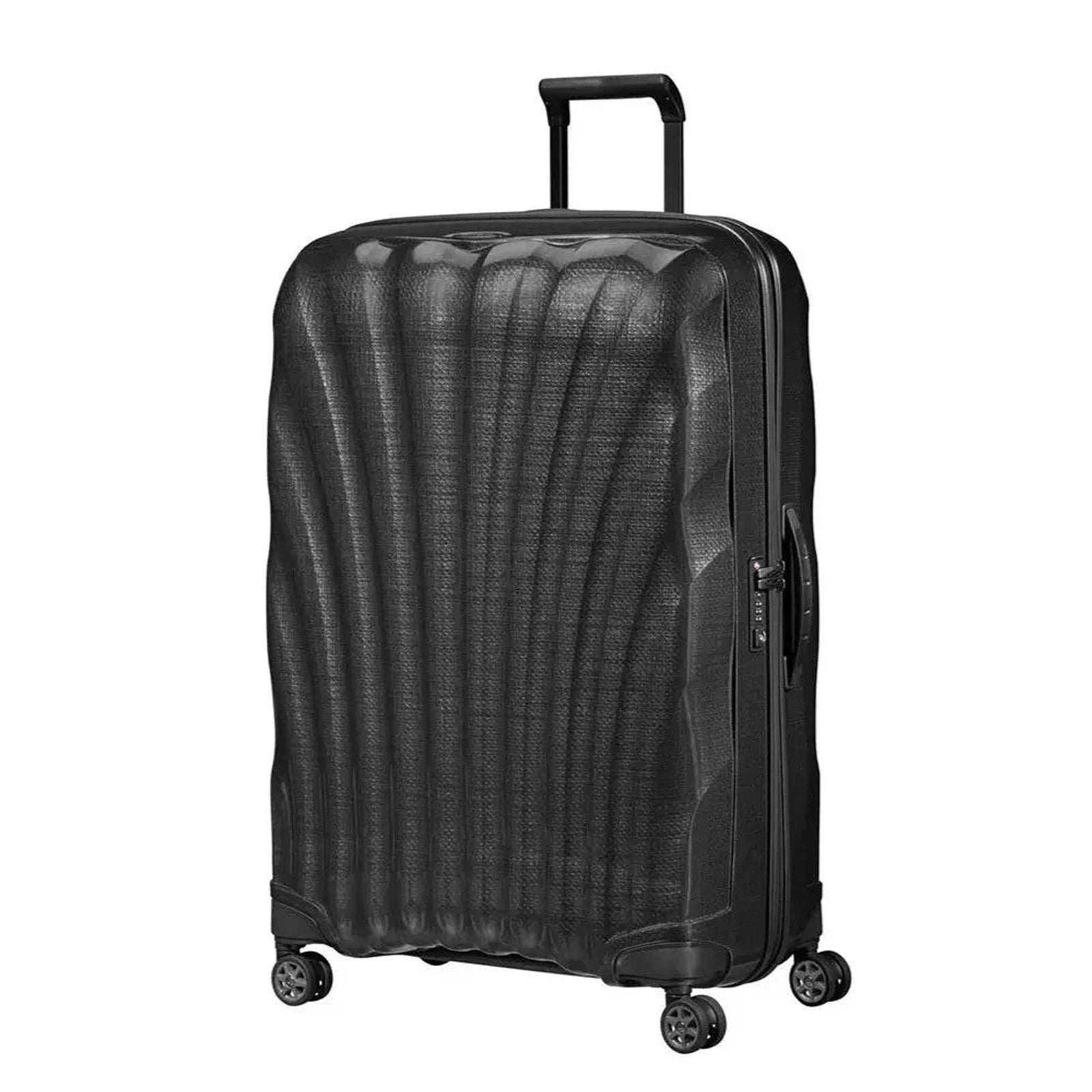 מזוודה קשיחה 28 אינץ' Samsonite C-lite Spinner בצבע שחור, עשויה מחומר CURV עמיד לשריטות, מבט קדמי