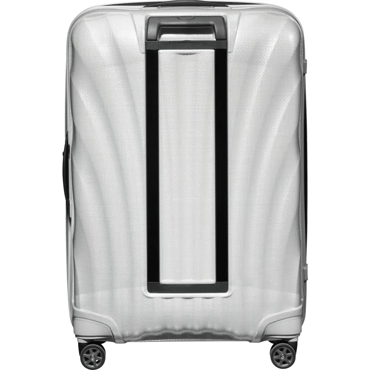 מזוודה קשיחה 28 אינץ' Samsonite C-lite Spinner בצבע לבן פנינה, מבט אחורי עם מסילת ידית טלסקופית