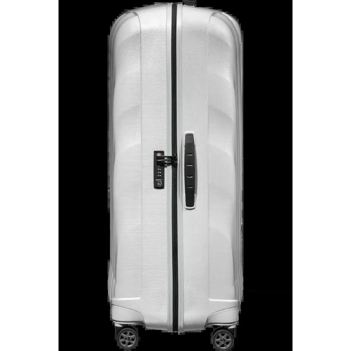 מזוודה גדולה XXL ג'מבו 33 אינץ' Samsonite C-Lite בצבע אוף ווייט, מבט צד עם ידית צידית וגלגלי ספינר 360 מעלות
