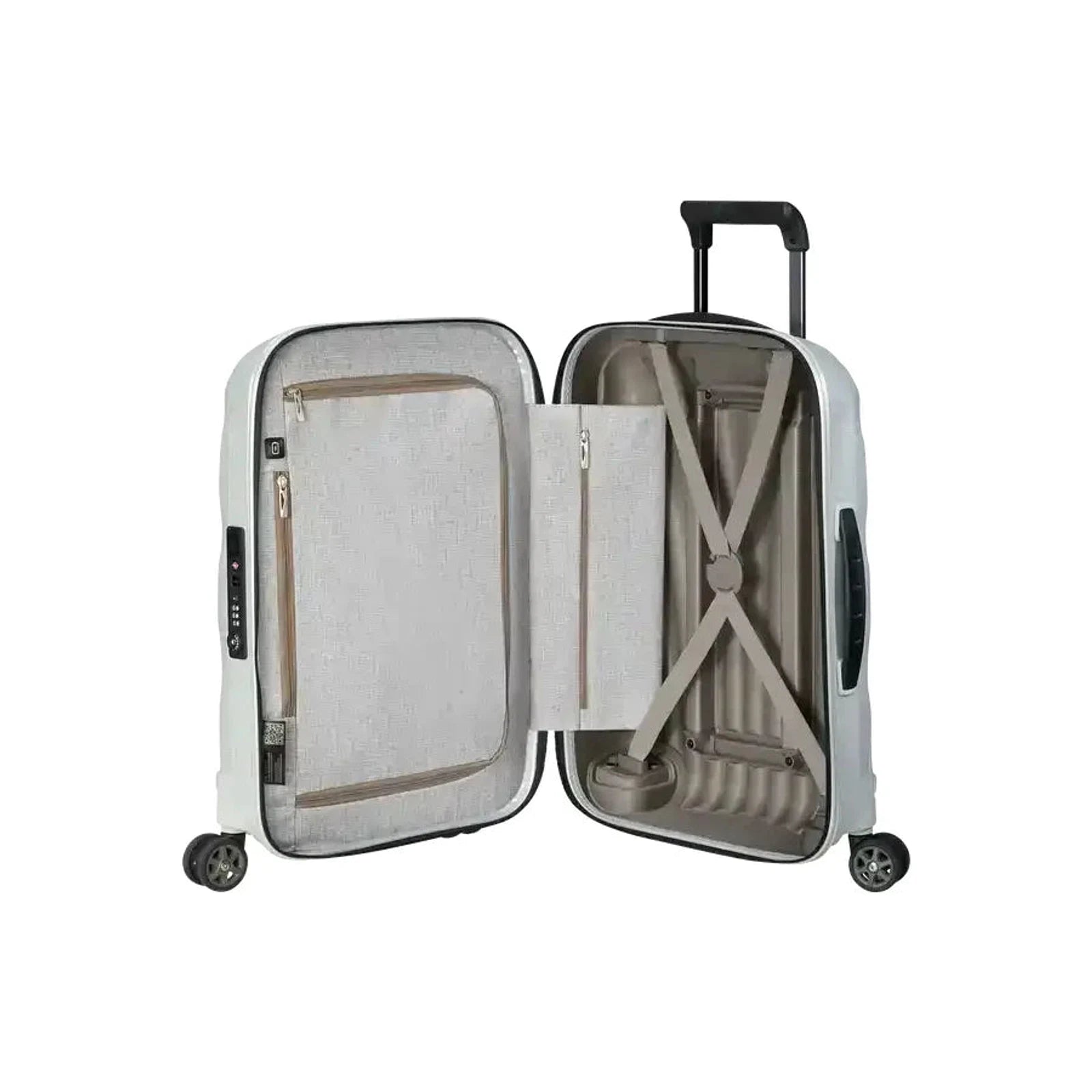 פנים מזוודת Samsonite C-lite 55 ס"מ פתוחה עם רצועות אלסטיות צולבות, תא רוכסן וארגון פנימי לטיסה