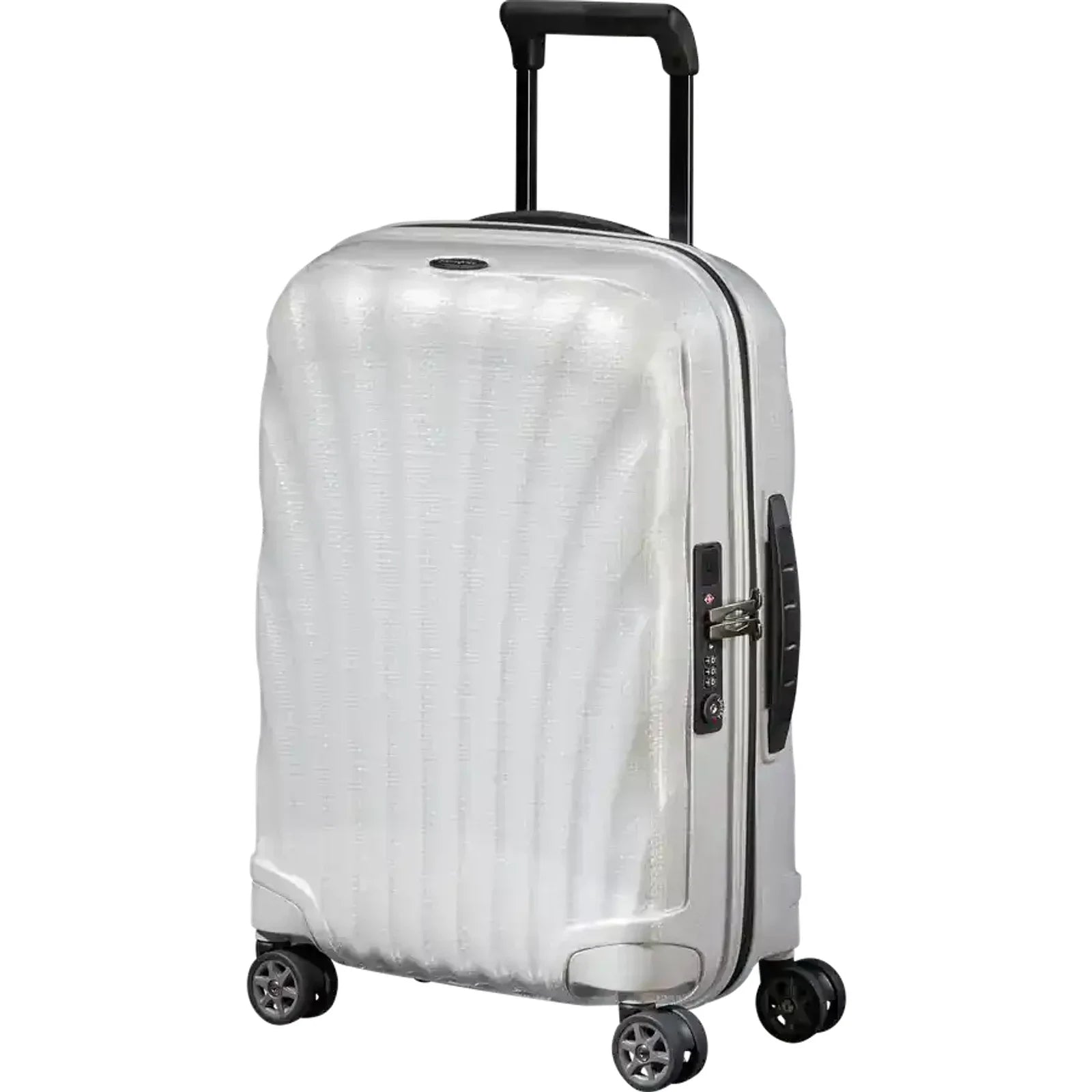 מזוודת עליה למטוס Samsonite C-lite Spinner בגודל 55 ס"מ אוף-וויט, חומר CURV קל ועמיד, מבט קדמי