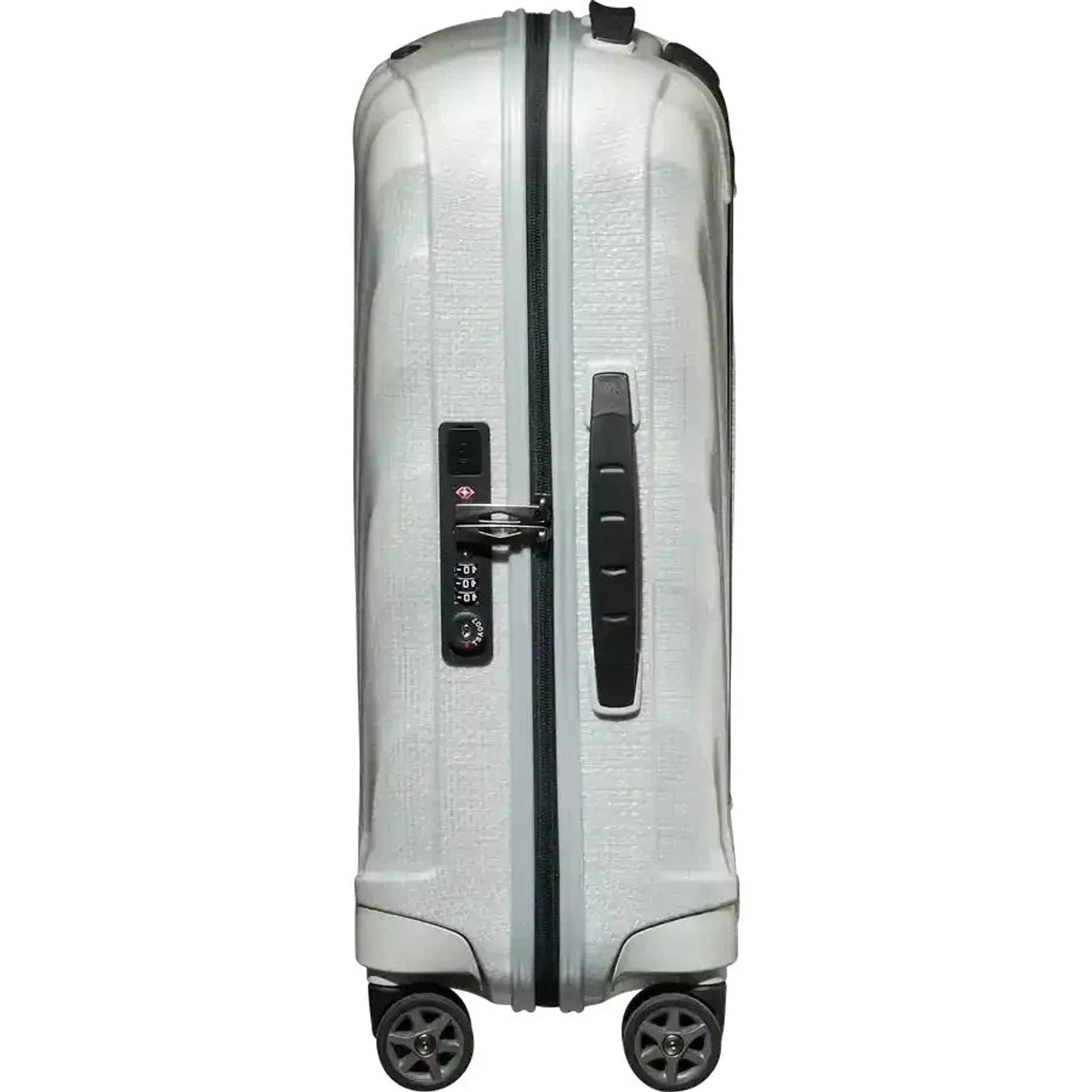 צד מזוודת Samsonite C-lite אוף-וויט עם מנעול קומבינציה TSA, ידית צידית וגלגלי סיליקון כפולים