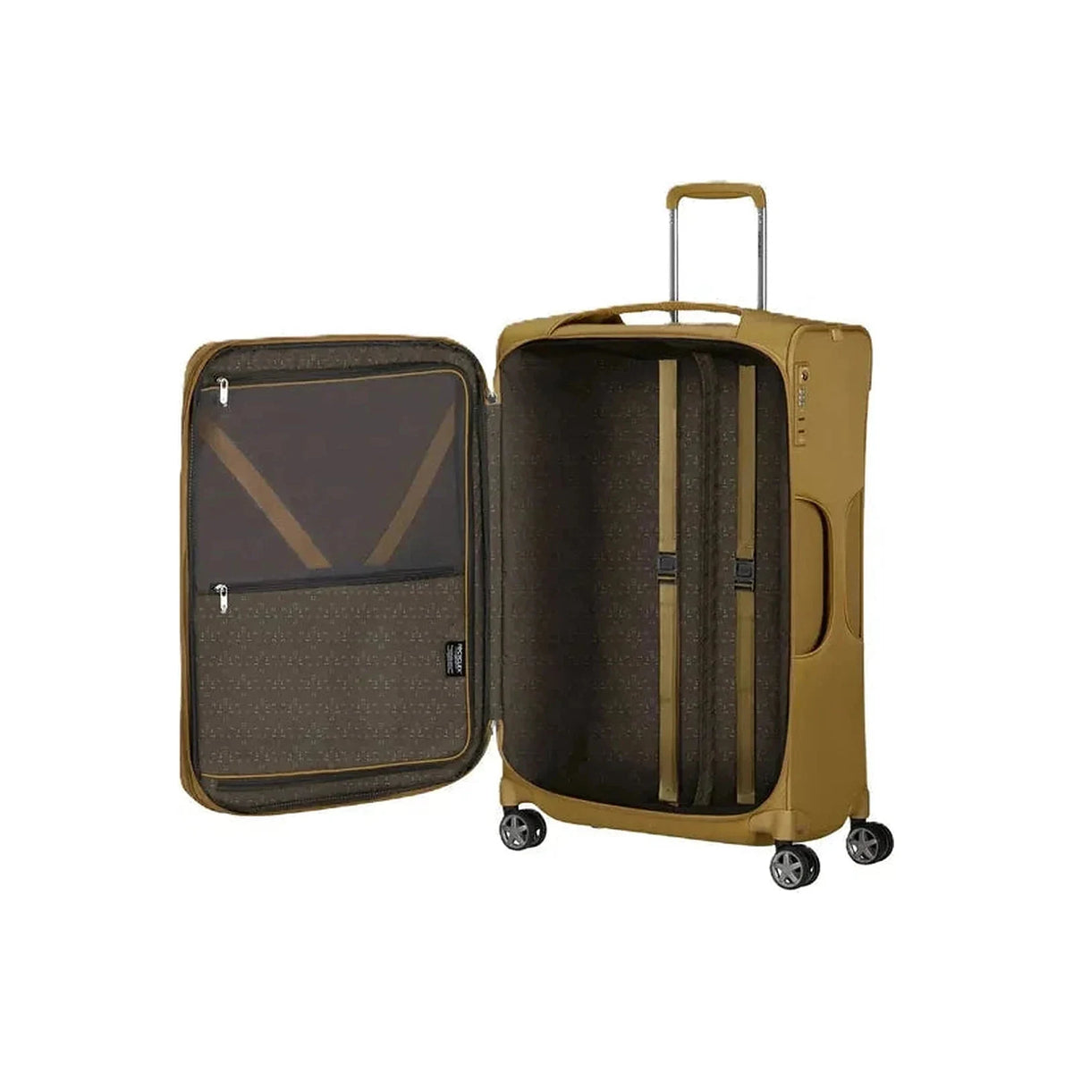 מזוודת בד Samsonite D'lite Spinner 78cm בצבע צהוב כאמל פתוחה - תא פנימי עם רצועות הידוק ותא רשת ברוכסן