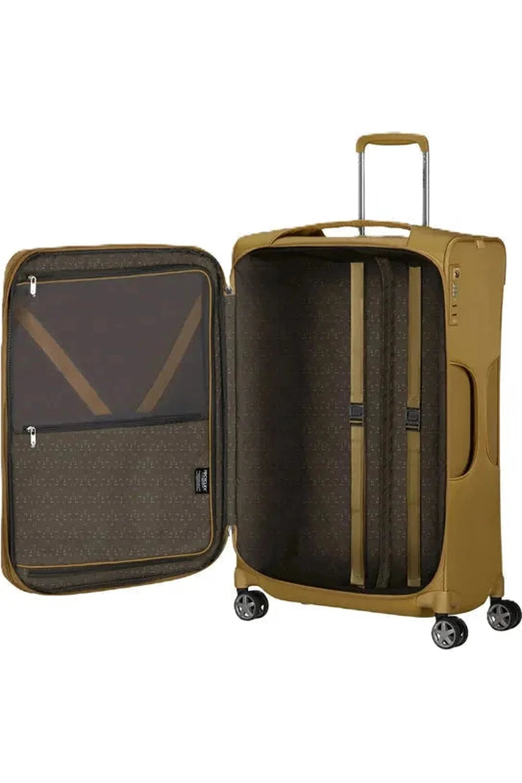 מזוודת בד Samsonite D'lite Spinner 78cm בצבע צהוב כאמל פתוחה - תא פנימי עם רצועות הידוק ותא רשת ברוכסן